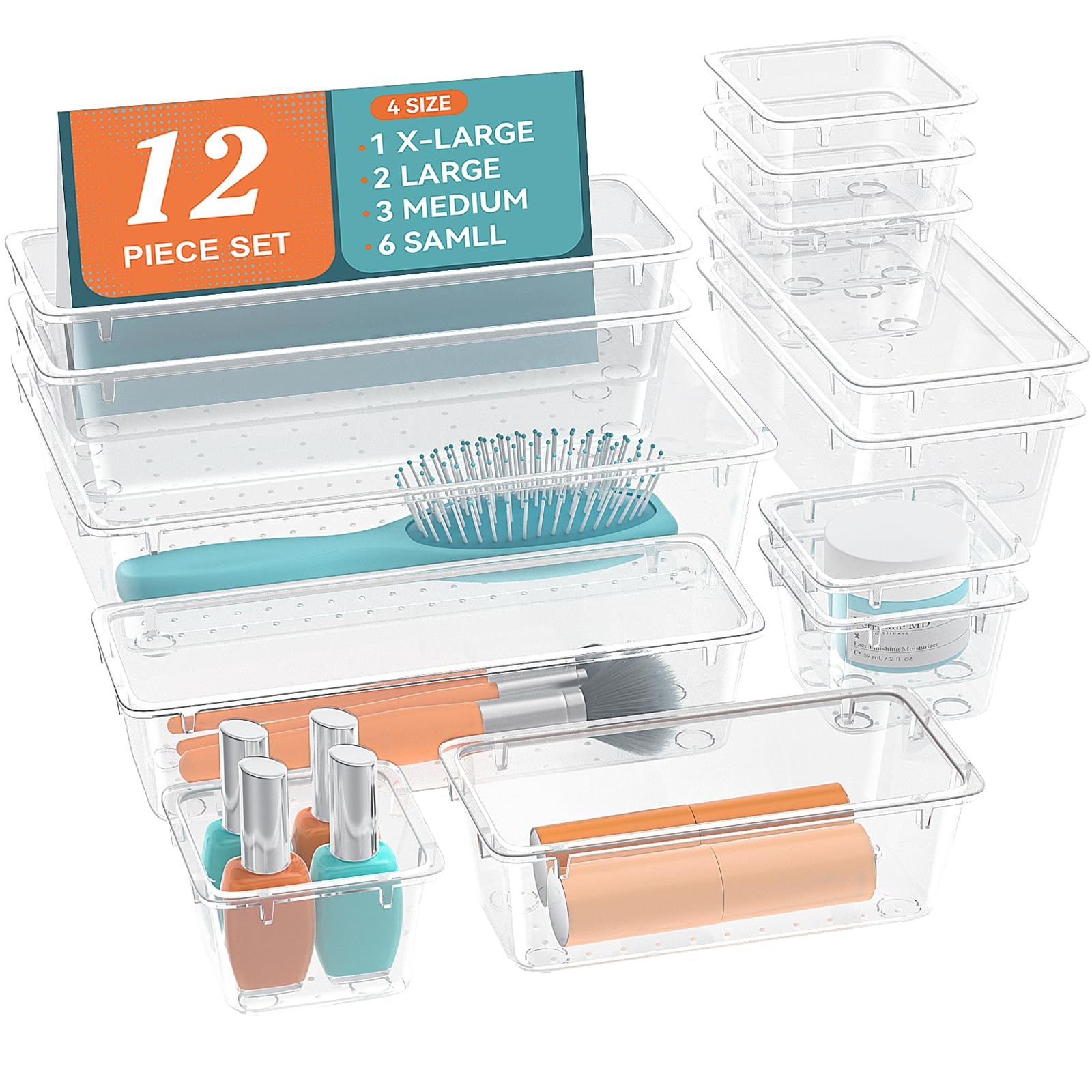 ElegantArray 12 PCS Drawer Organizer Set, 4 Sizes Tool Storage 12 Pcs, Milky