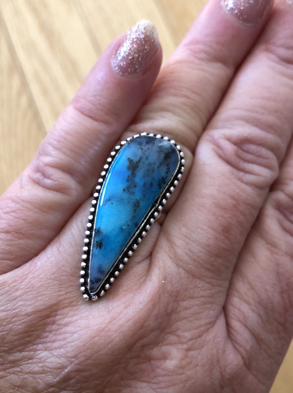Marine Blue Dendritic Opal Arrow Ring Size 7 Raindrop Design Bezel