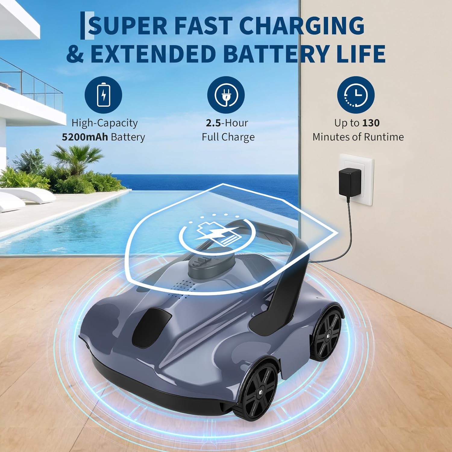GRAVEE Cordless Robotic Pool Cleaner 130Mins Runtime Vacuum Inground Pools