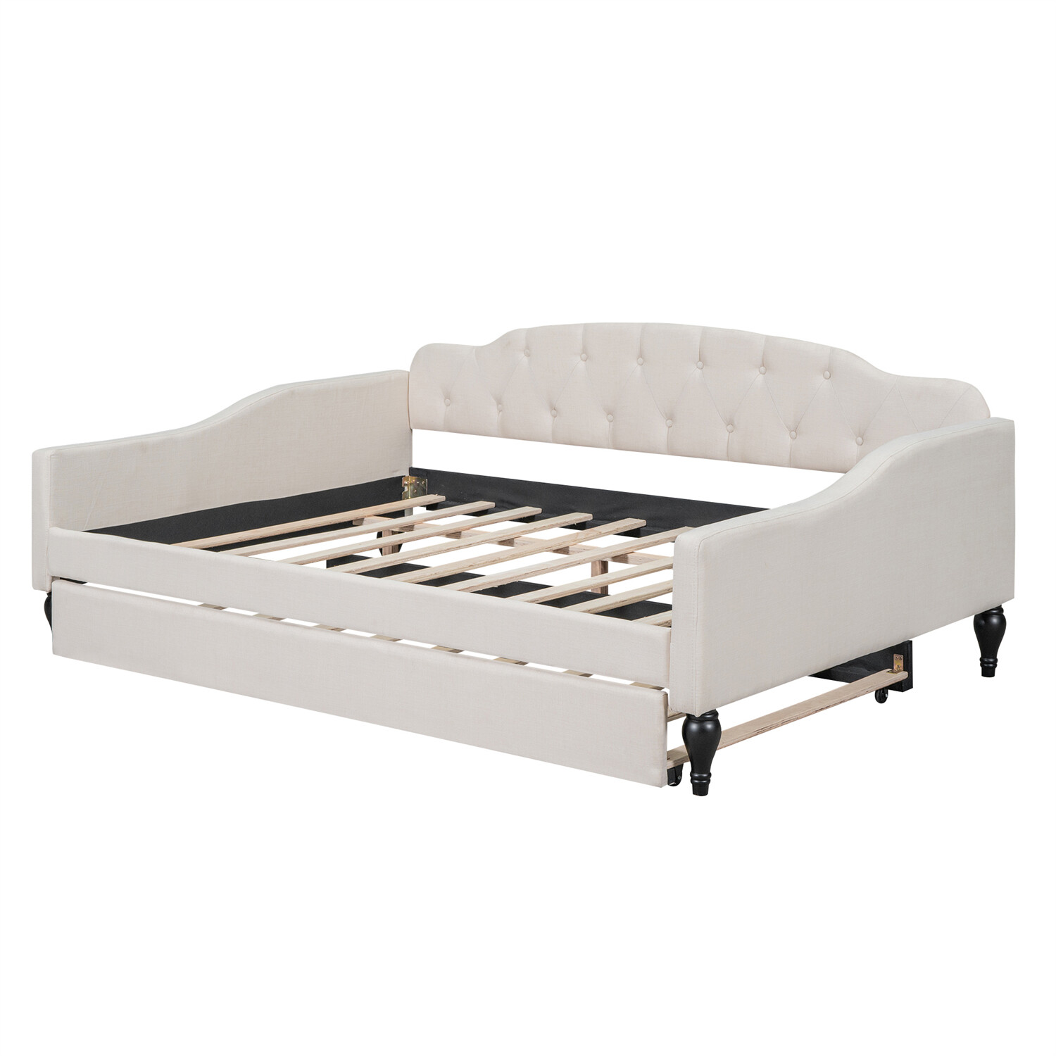Full Size Daybed w/ Pull-Out Trundle Bed Upholstered Bed Frame Sofa Bed Beige US