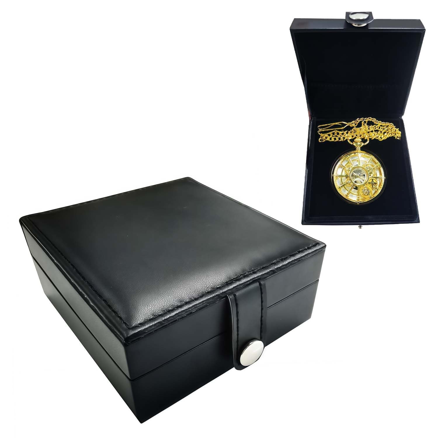 DerMacht Leather Pocket Watch Box Portable Single PU Black, Gold