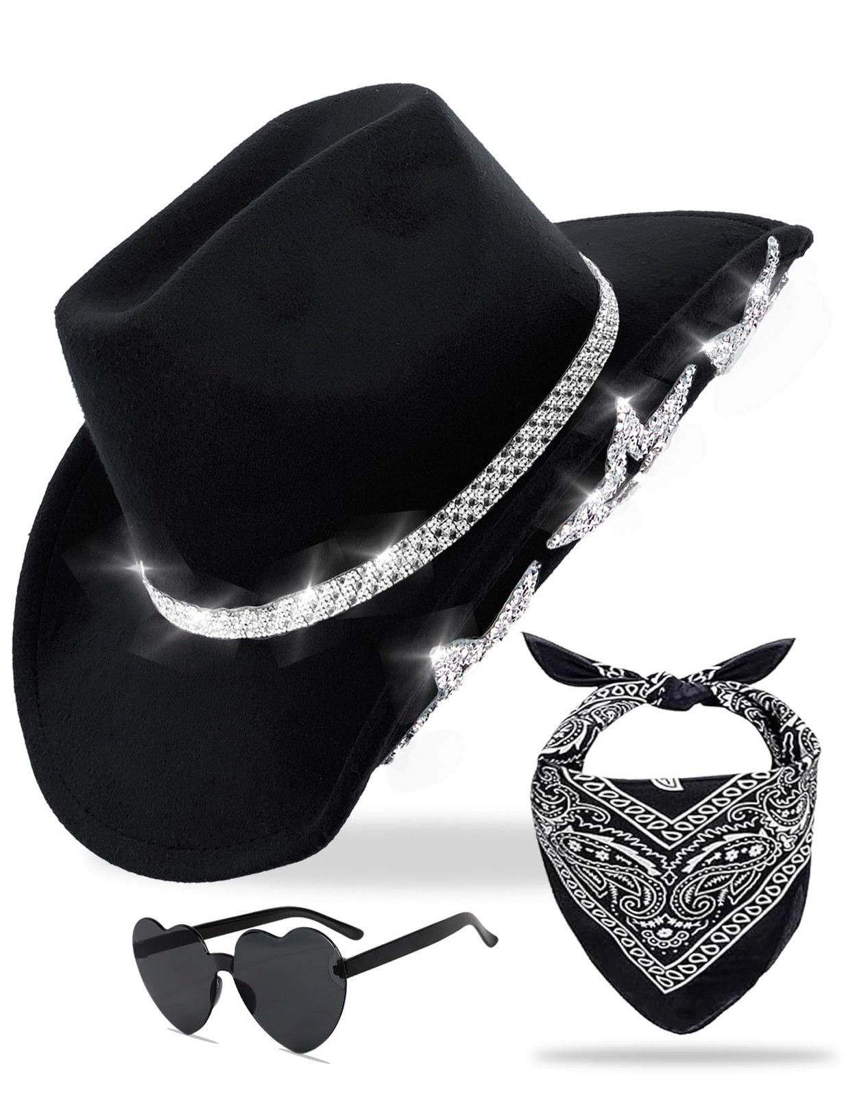 JICASTO Cowboy Hat for Women Men 6 Sparkly Stars Brim & One Size, Black