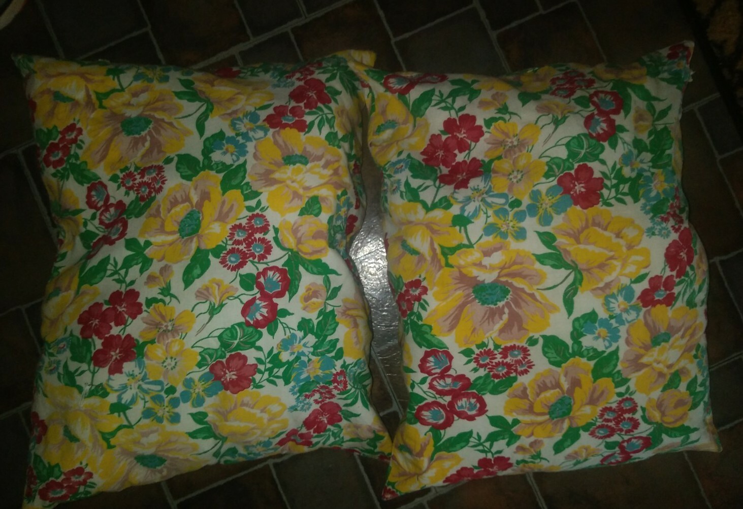 Vintage pair of country farmhouse chic yellow read retro floral fabric pillows