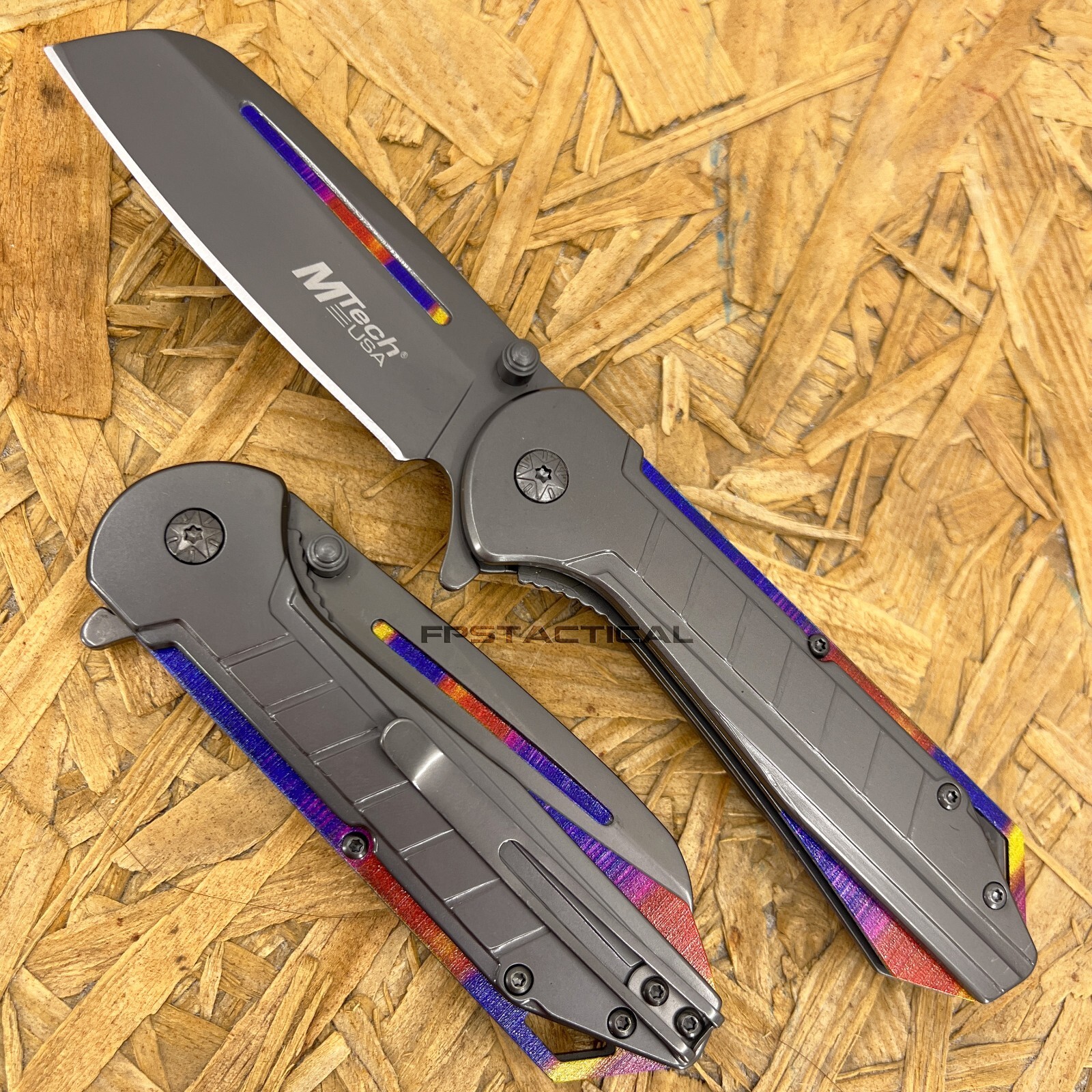 MTech USA Gray Tinite Cleaver Spring Assisted Stainless Pocket Knife Rainbow