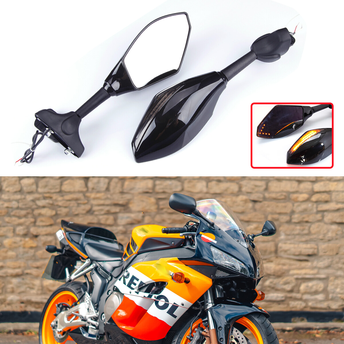 Pair For Honda CBR 1000RR 2004-2007 Side Mirrors Smoke Lens LED Turn Signals