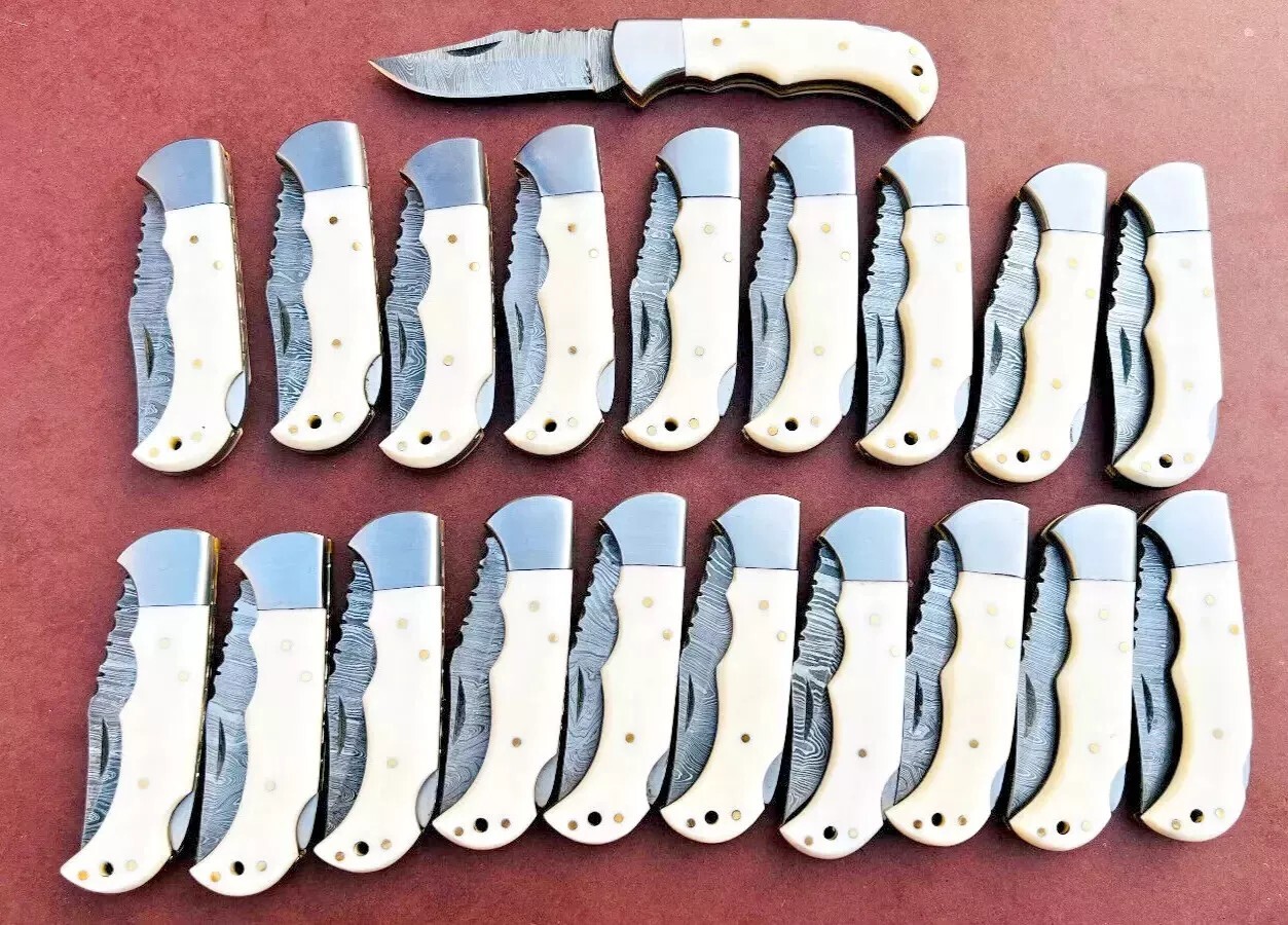 SET OF 30PCS HANDMADE DAMASCUS  FOLDING KNIVES, BONE HANDLE & SHEATH