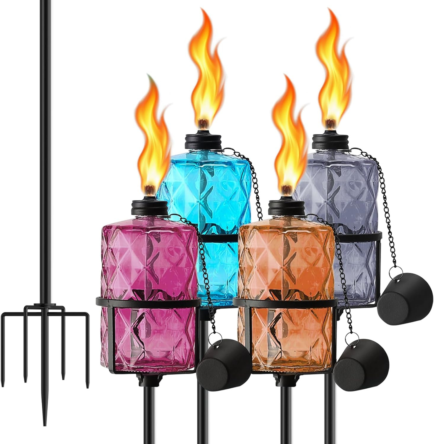 Glass Citronella Torches Set of 4, 12 Oz Outdoor Garden Torch with 5-Prong Groun