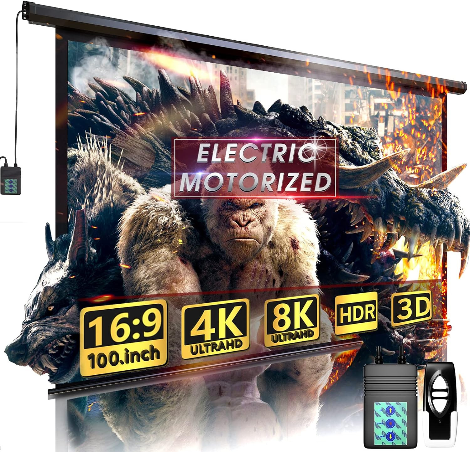 100" Motorized Projector Screen - Indoor and Outdoor Movies Screen 100 Inch Elec