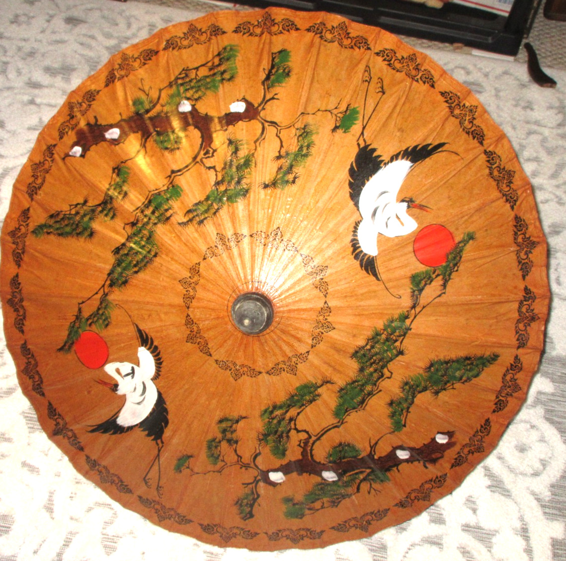 Oriental Handpainted Bird Sun Parasol / Wooden Theater Umbrella Prop