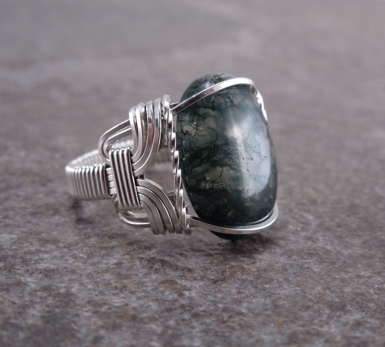 Sterling Silver Moss Agate Cabochon Wire Wrapped Ring