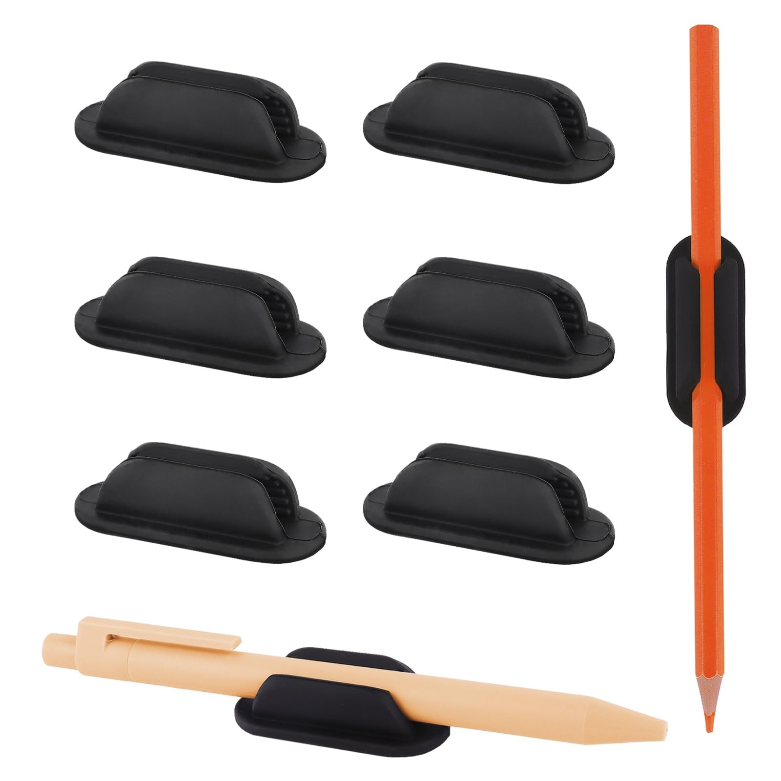 6 Pack Adhesive Pencil Holders for Desk, Flexible Black Silicone Pen Holder with