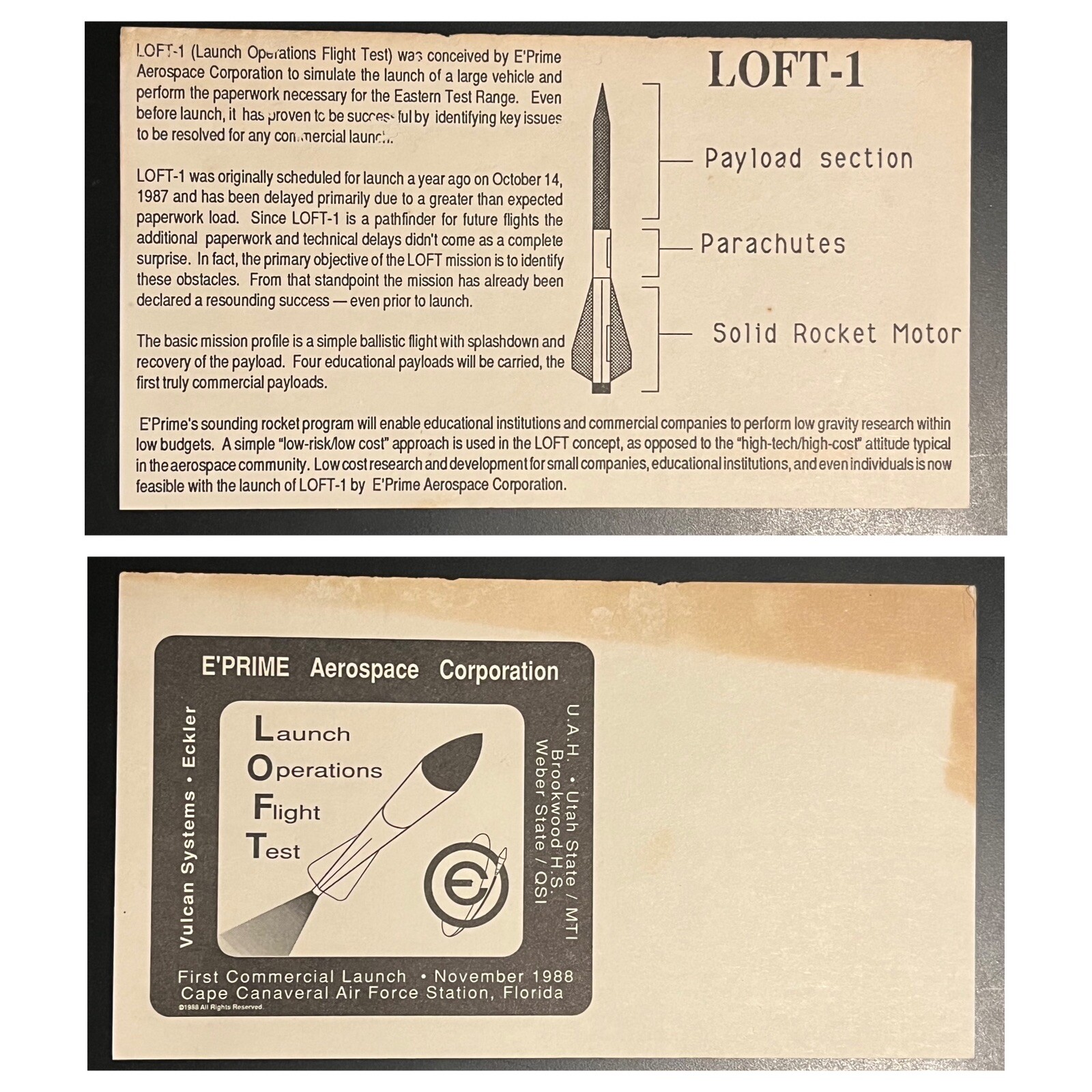LOFT-1 Rocket E’Prime First Flight Card 1988 Cape Canaveral RARE