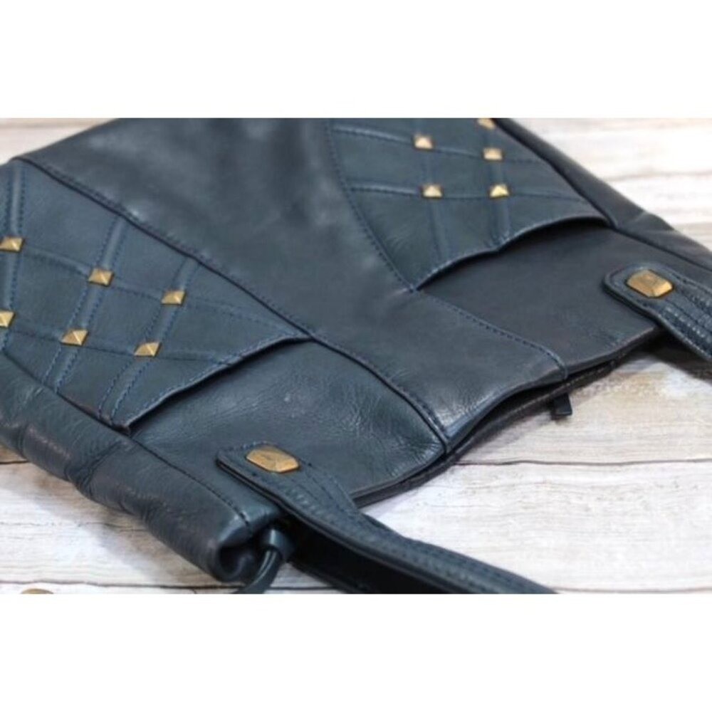 Stone Mountain Dark Teal Leather Studded Shoulder & Zipper Closure