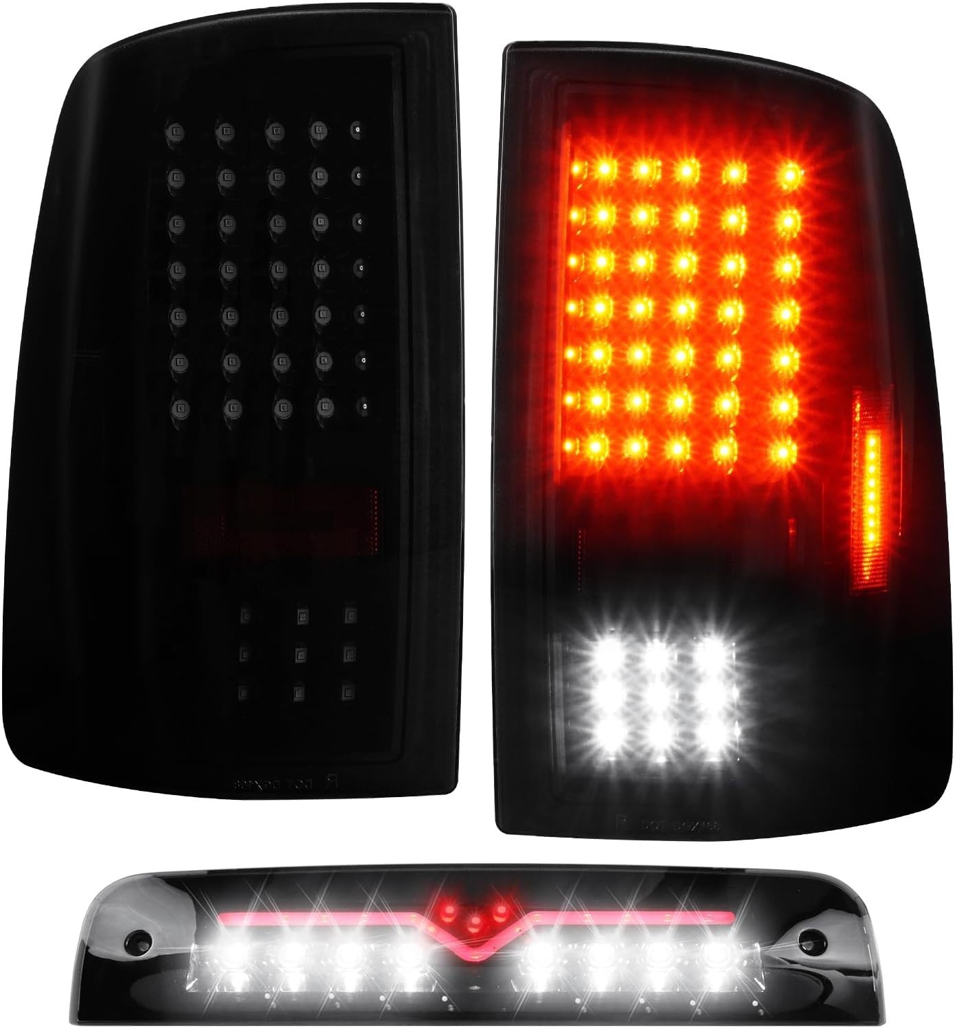 ILONPA 3pc Black Smoke Lens Tail light Assembly + 3rd Brake, 2009-2018 Dodge Ram