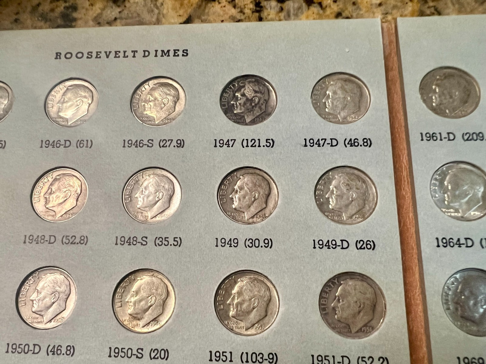 Roosevelt Dimes Set 1946-2004: 48 Silver Coins Total plus 79 Clads, Some Toned