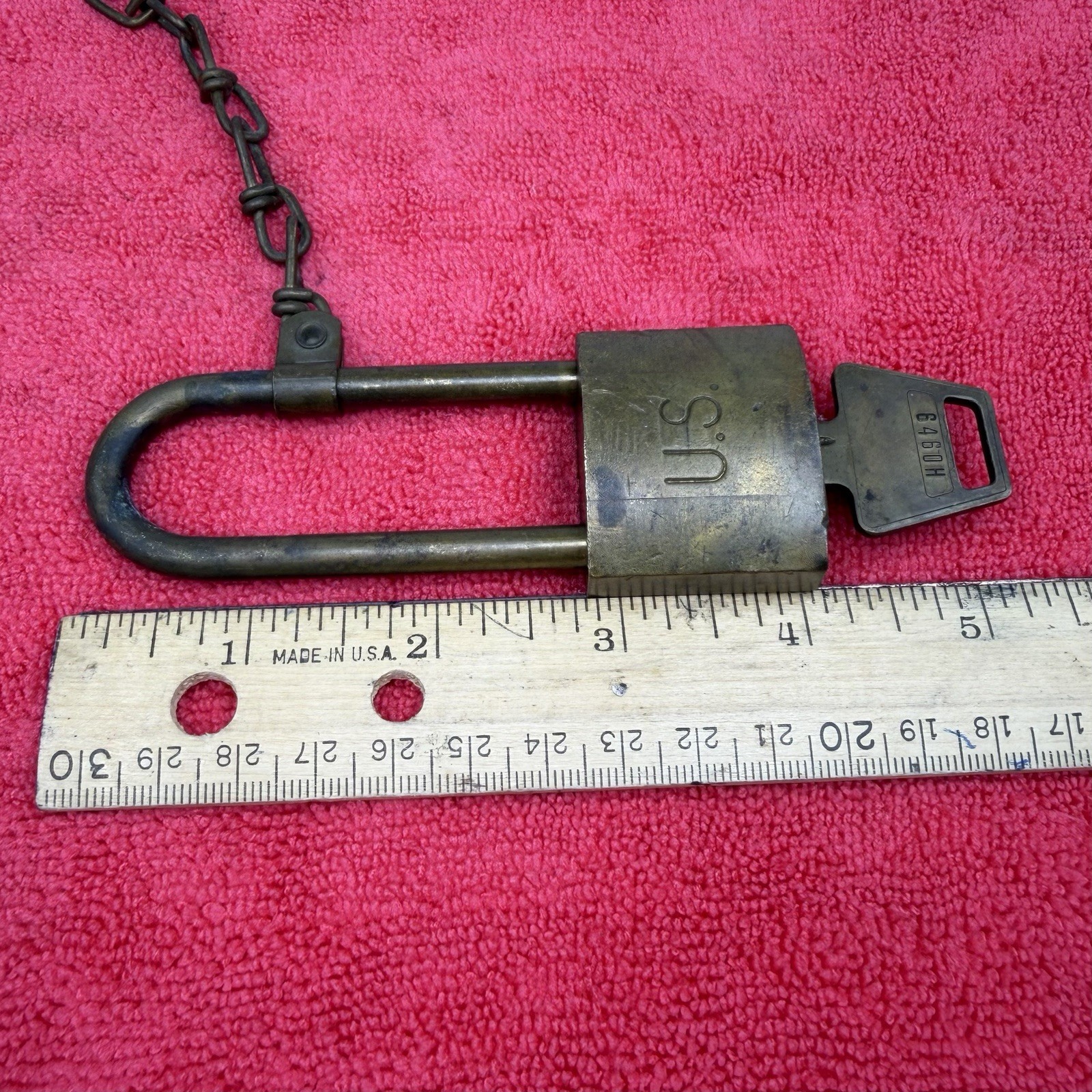 Vintage U.S. Military Brass Padlock , Chain & Key American Lock Co. USA 6460H