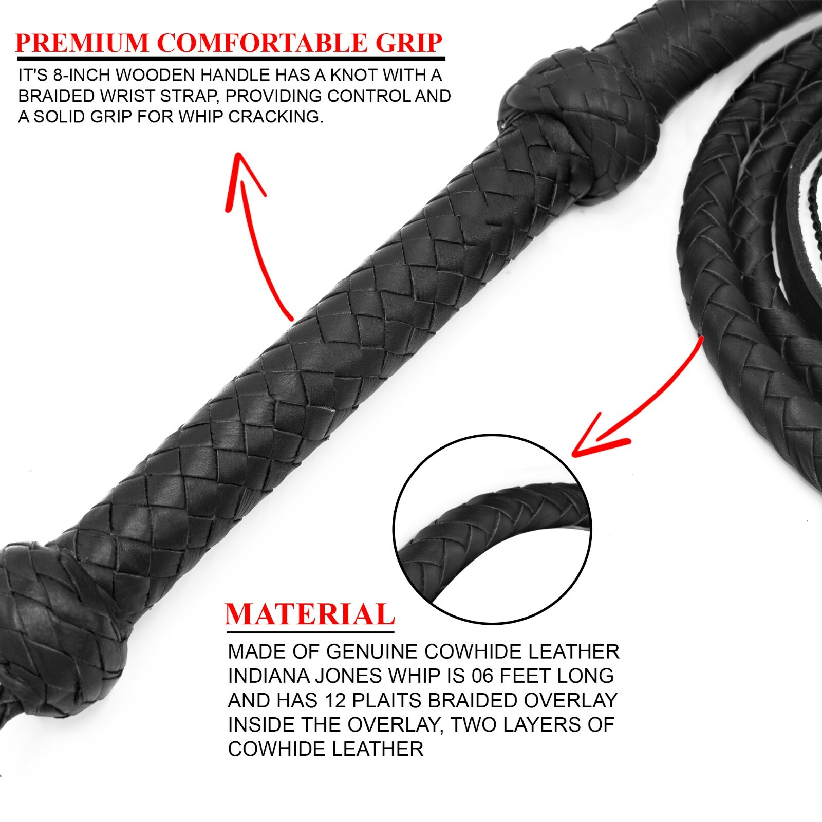 Indiana Jones Bullwhips 06 Feet Heavy Duty Cowhide Leather Bull Whips 12 Plaits