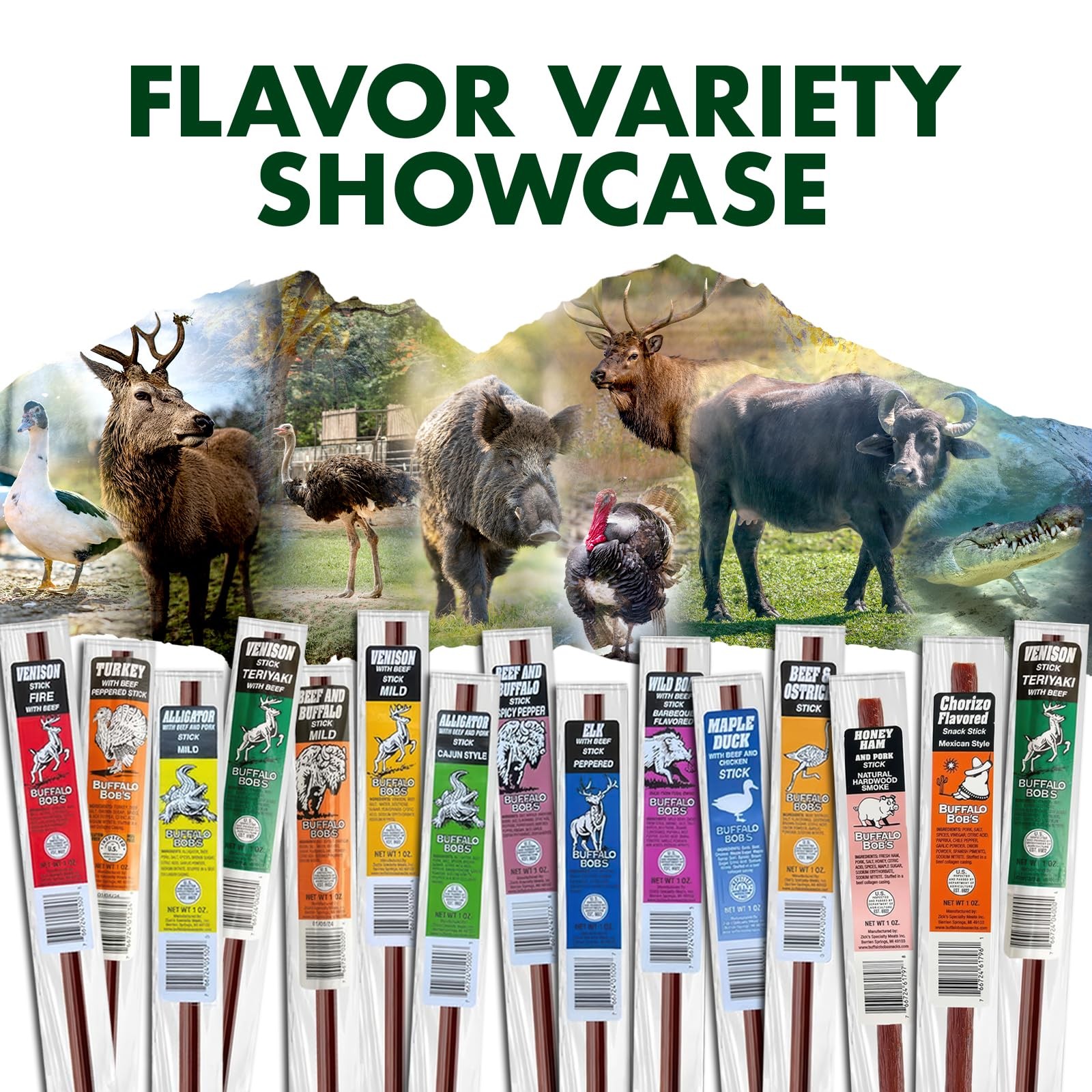 Wild Game Meat Snacks (1oz Stick, 15 Pack) Exotic Variety Assortment Sampler,...