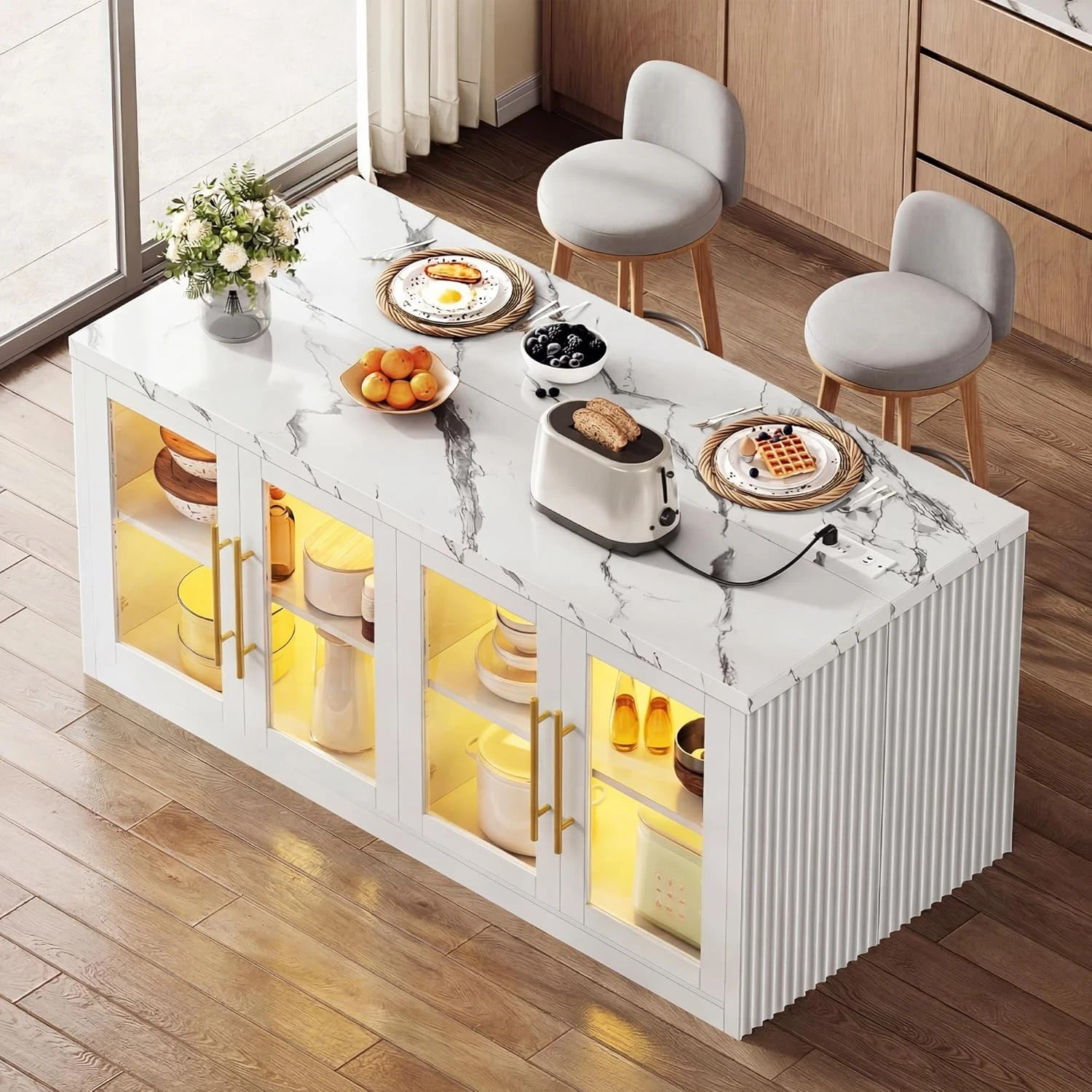Large Kitchen Island with Storage & LED Light, Rolling Breakfast Bar Table