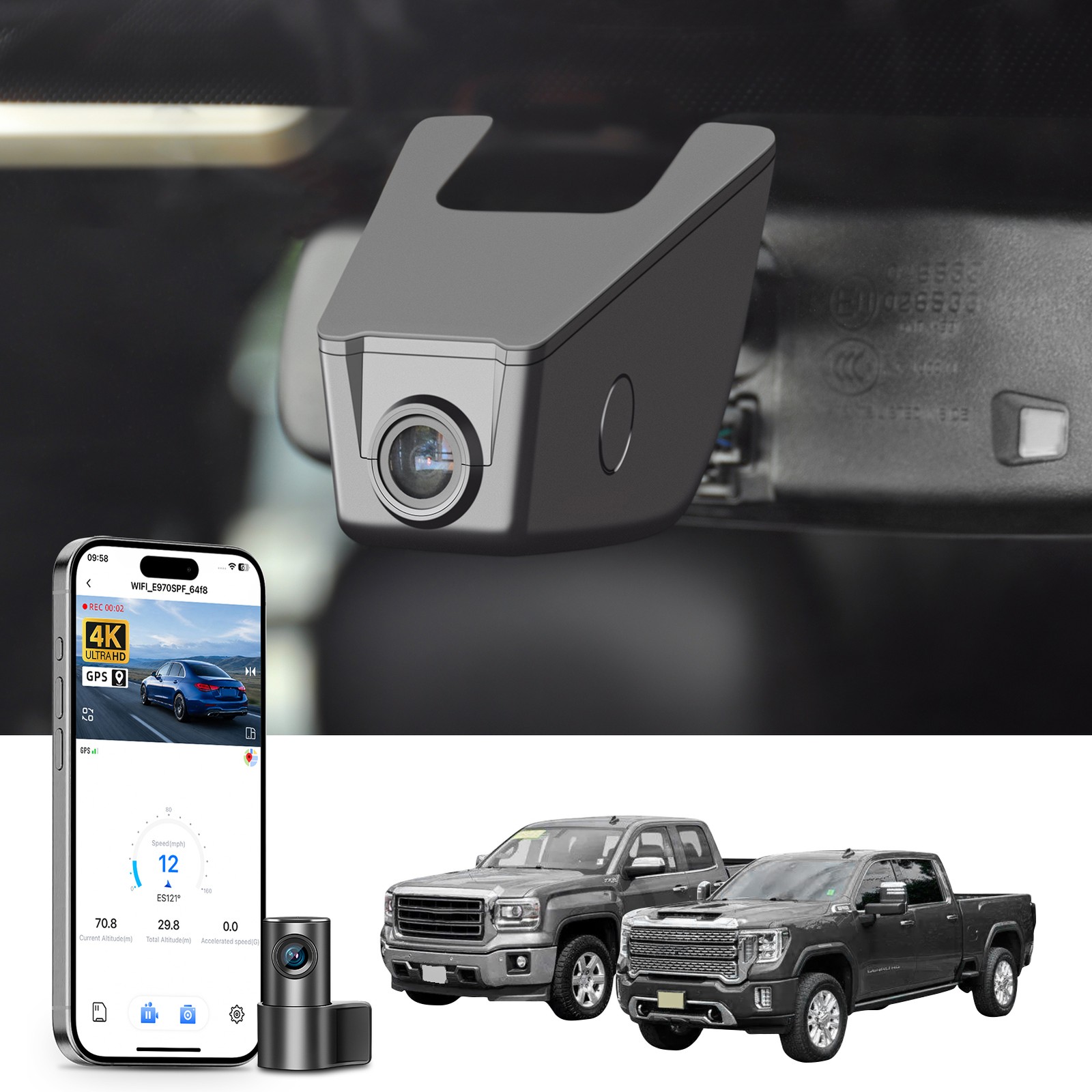 Mangoal Front 4K+Rear 1080P Dash Cam Custom for GMC Sierra Select 1500/2500/3500