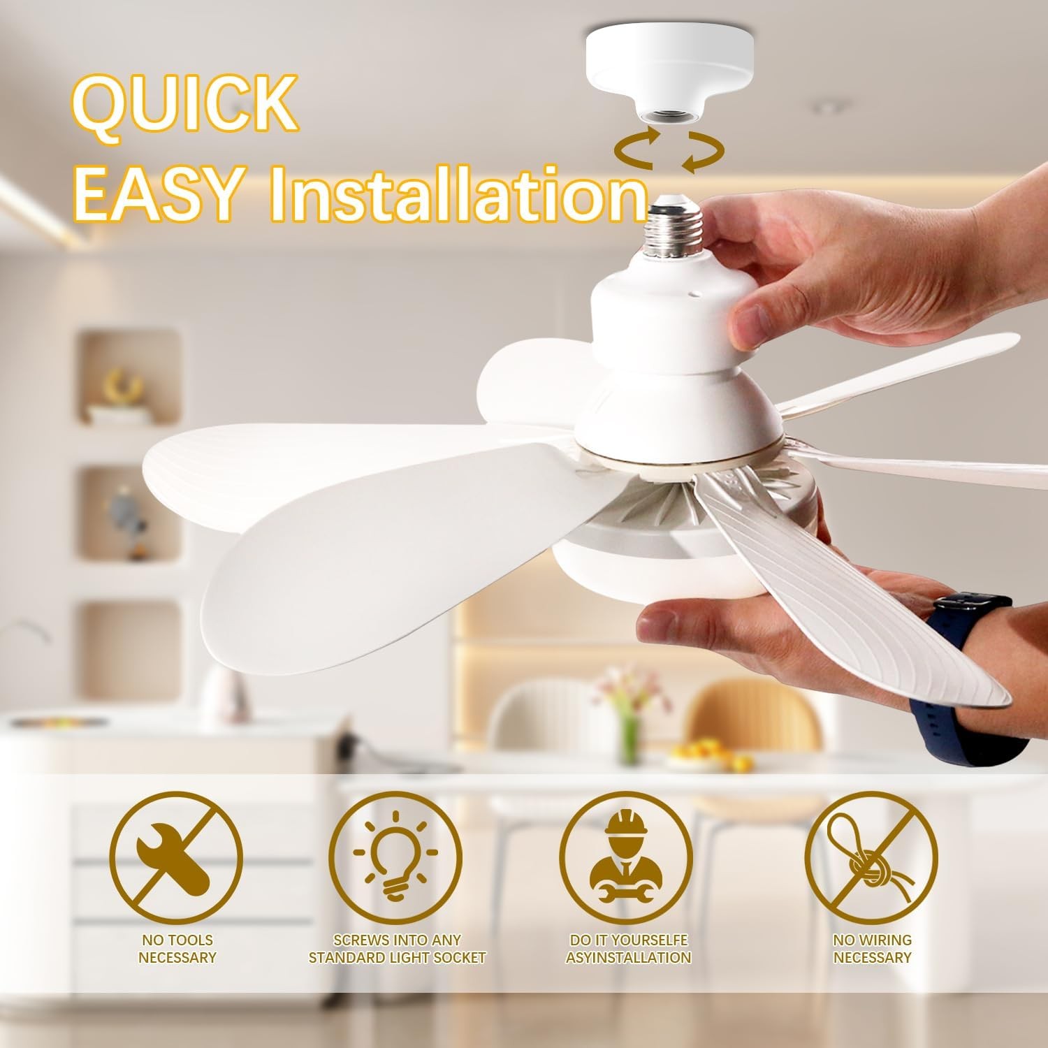 20in Dimmable E27 Socket Ceiling Fan Light 3Color Temp LED Fan Light with Remote