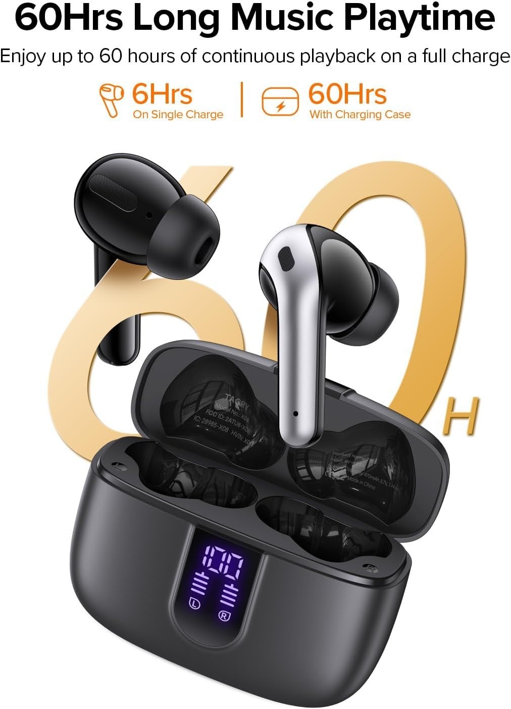 Bluetooth Headphones True Wireless Earbuds 60H Playback LED Power Display