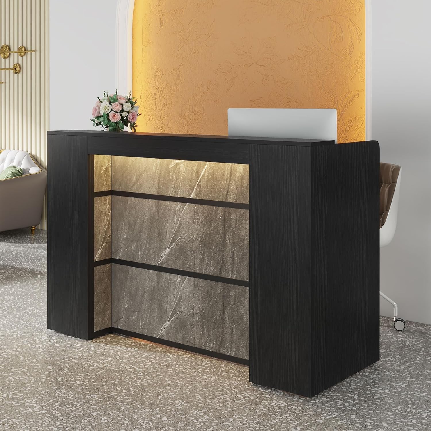Reception Desk with LED Lights, 63 Inches Front Counter Desk for Office,Checkout