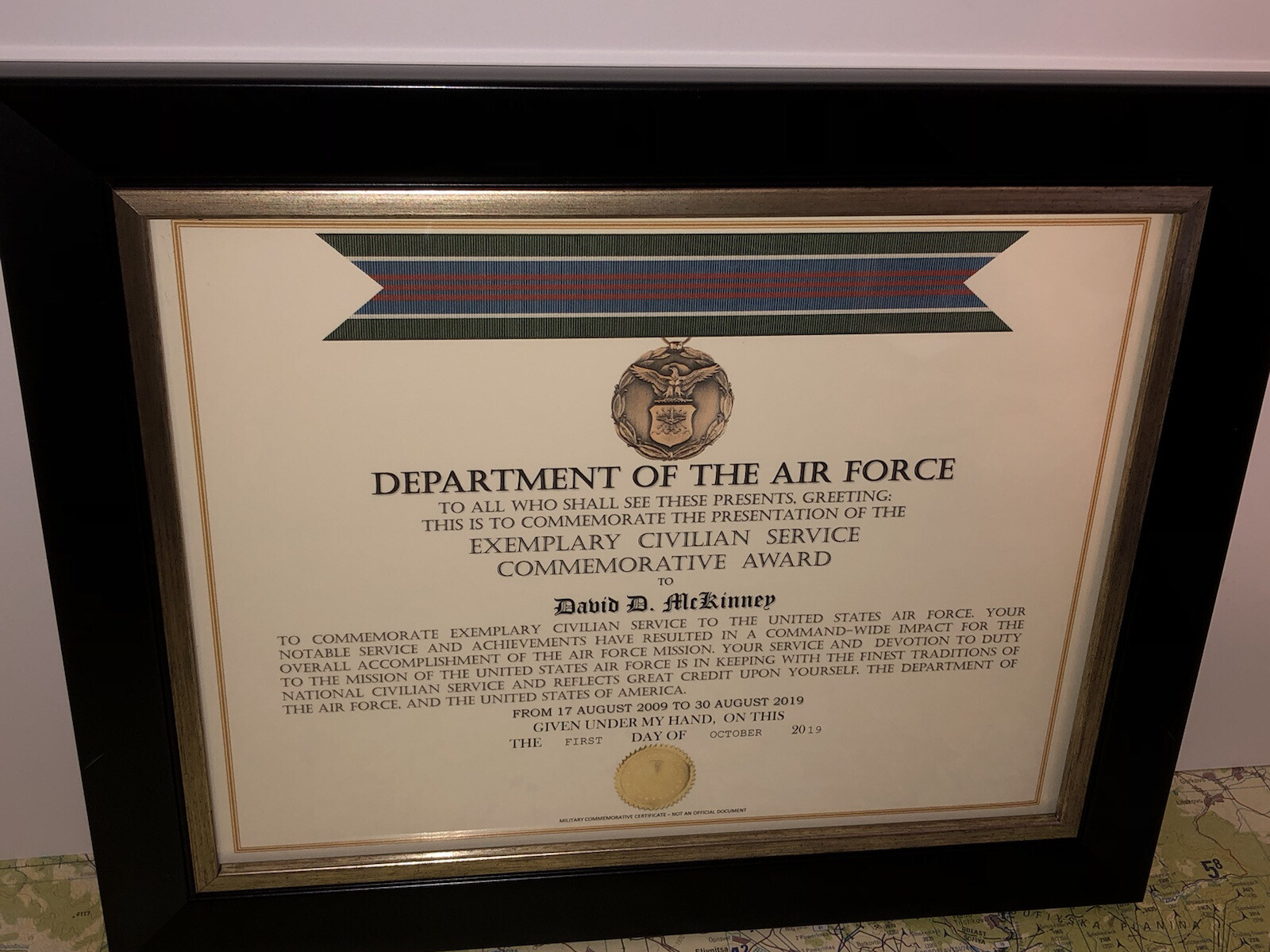 USAF EXEMPLARY CIVILIAN SERVICE COMMEMORATIVE AWARD CERTIFICATE Type-1