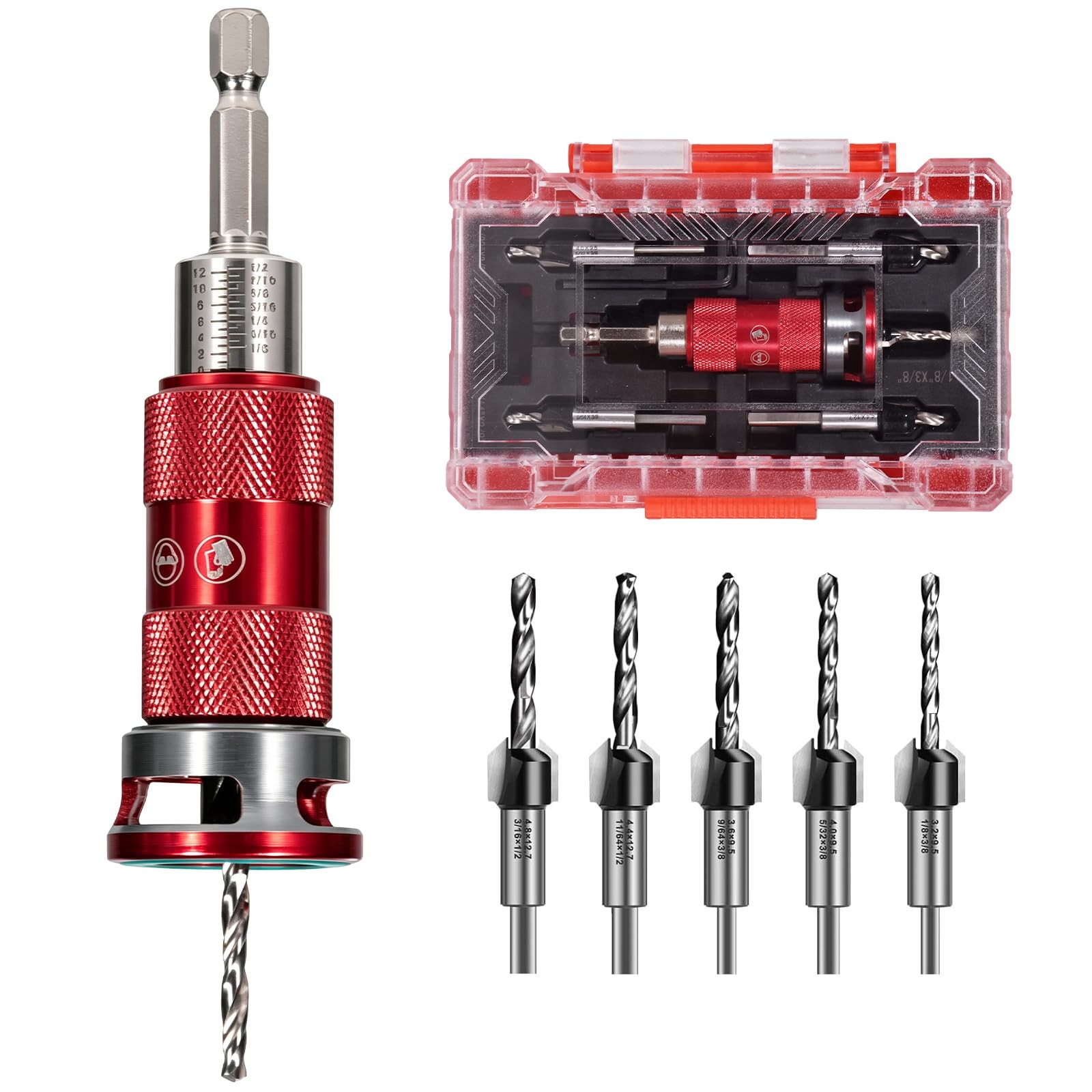 5 Pcs Countersink Drill Bit Set with Aluminum Alloy Depth Stop,Semi-Automatic...