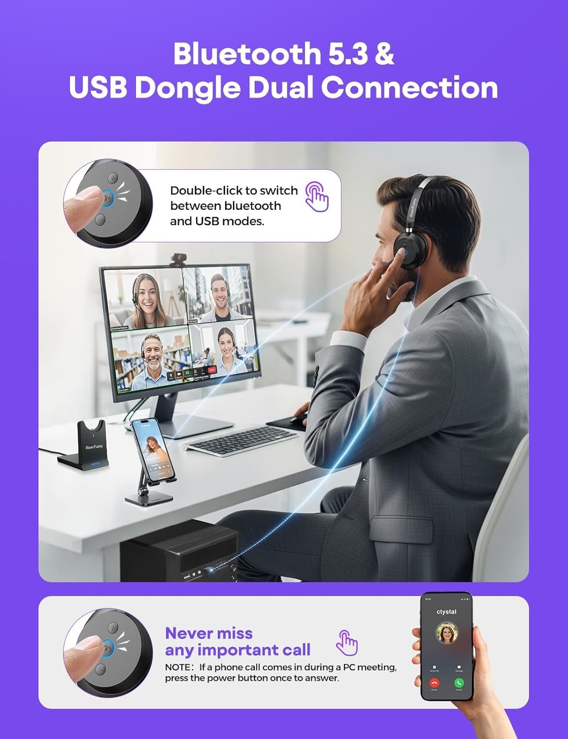 Wireless Headset Clear Sound ＆ Comfortable USB Dongle Microphone for Call Center