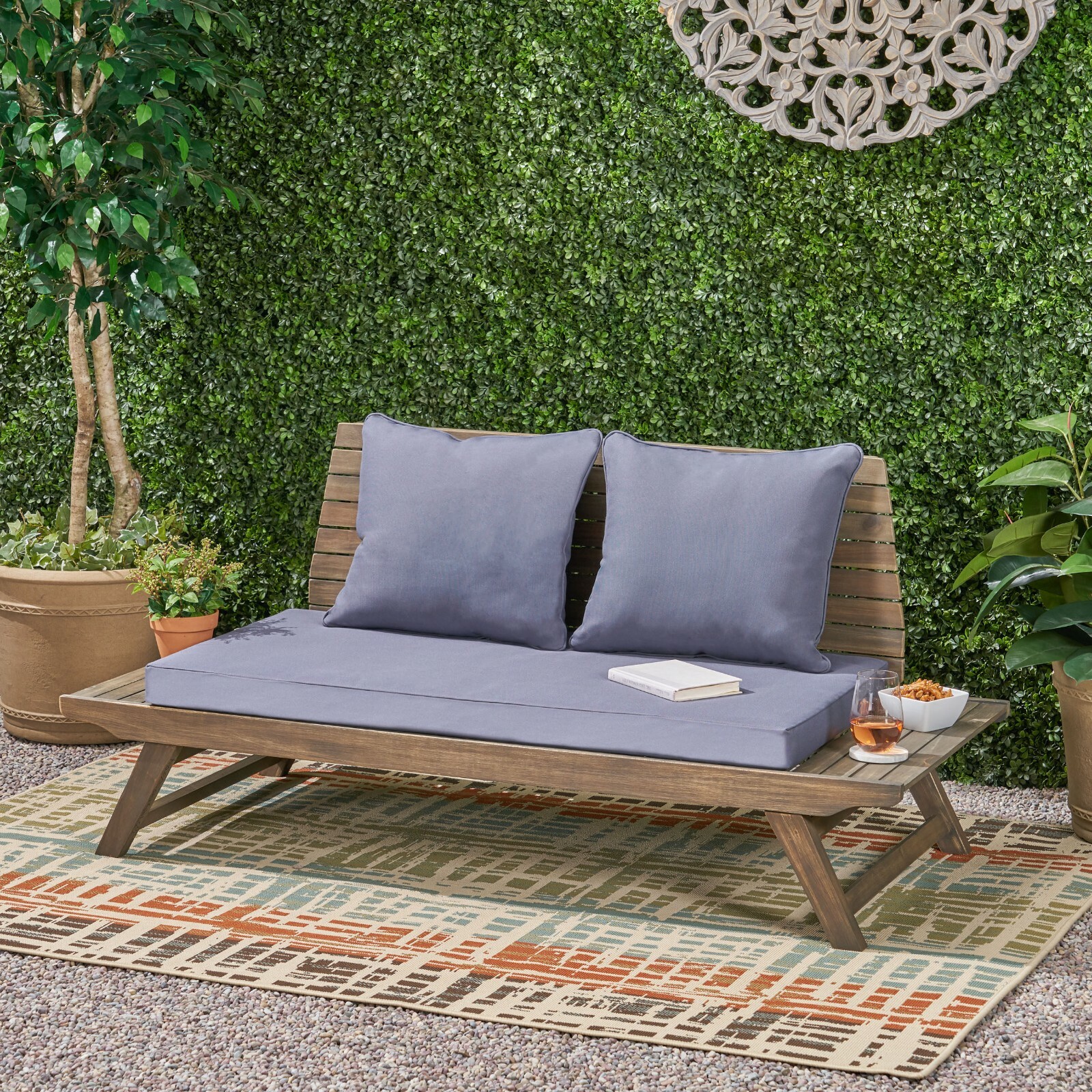 Kailee Outdoor Wooden Loveseat with Cushions, Dark Gray and Gray Finish