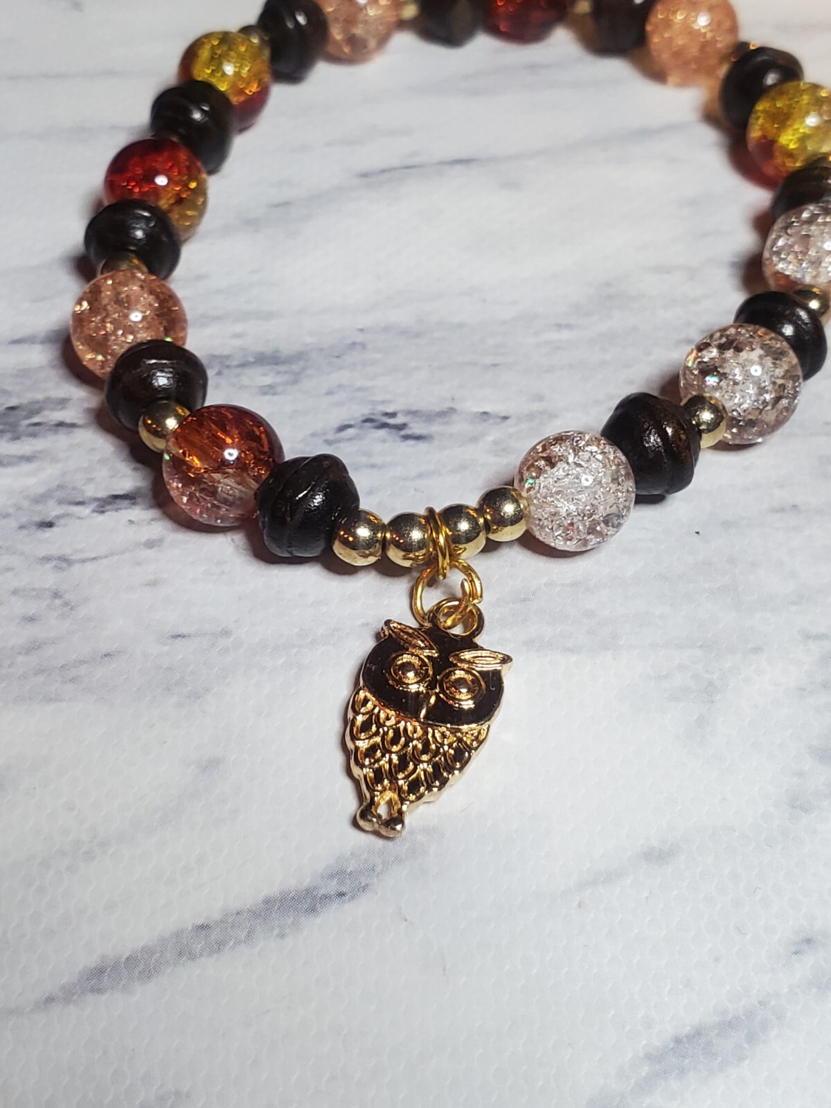 Beautiful Handmade Gold Owl Charm Glass Beaded Bracelet Brown Colors