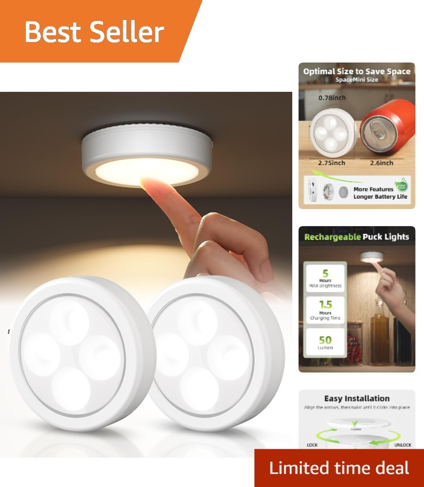 Compact Touch Activated LED Puck Lights - Rechargeable, 3 Color Modes, 2 Pack