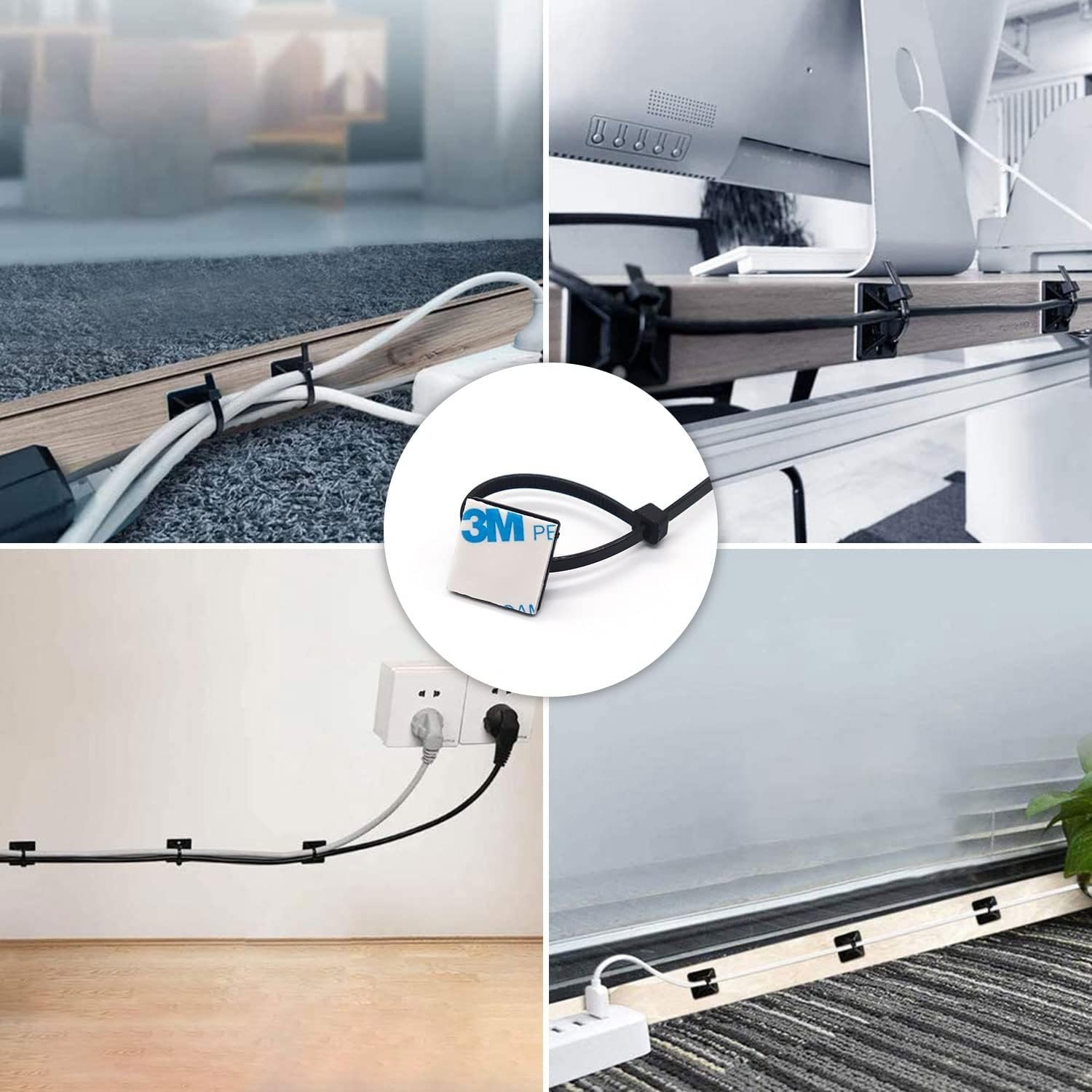 Strong Back-Glue Self Adhesive Cable Zip Tie Mounts Kit - 100 Set Cable Manageme