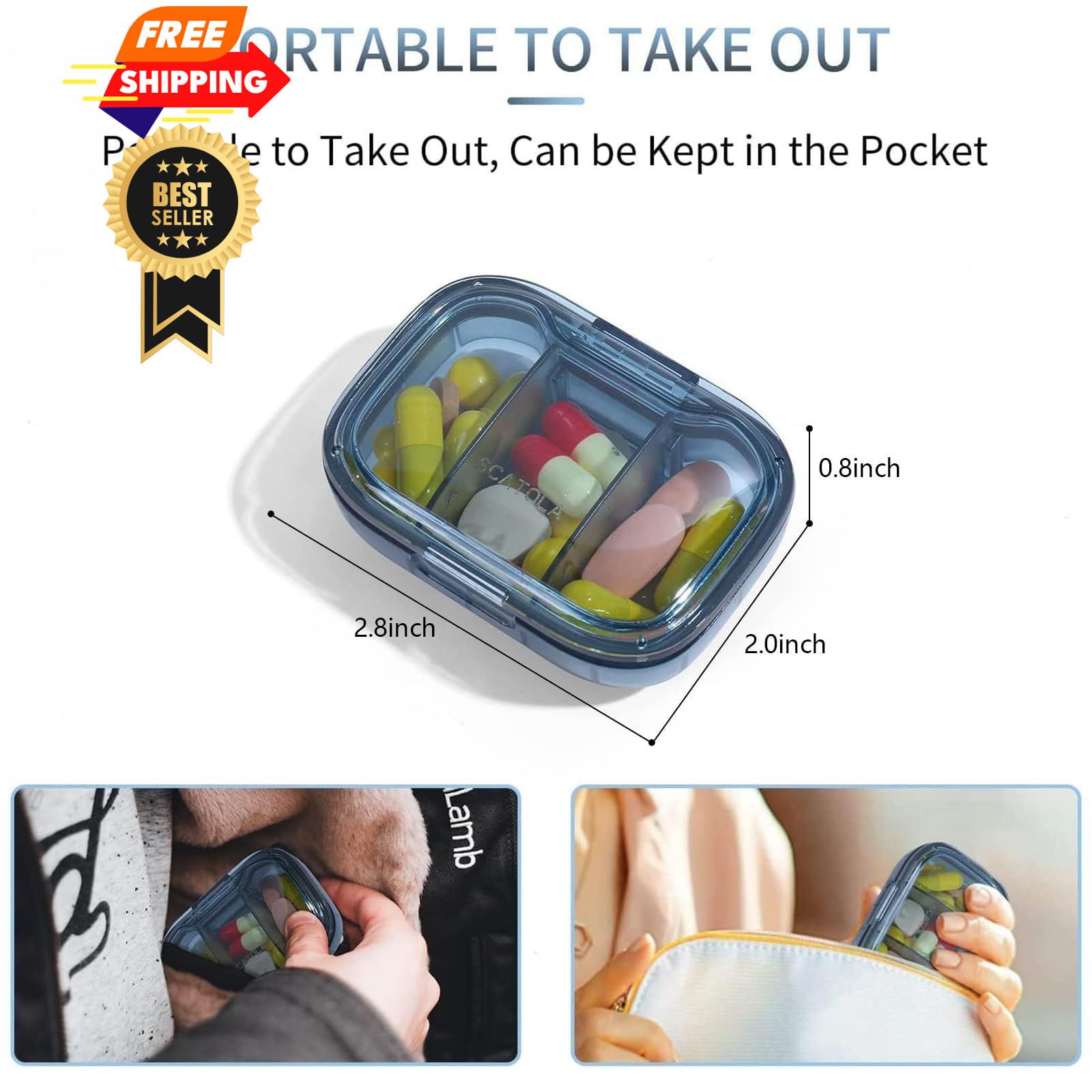 3 Pack 3 Compartment Pill Box, Moisture Proof 3 3 Compartments