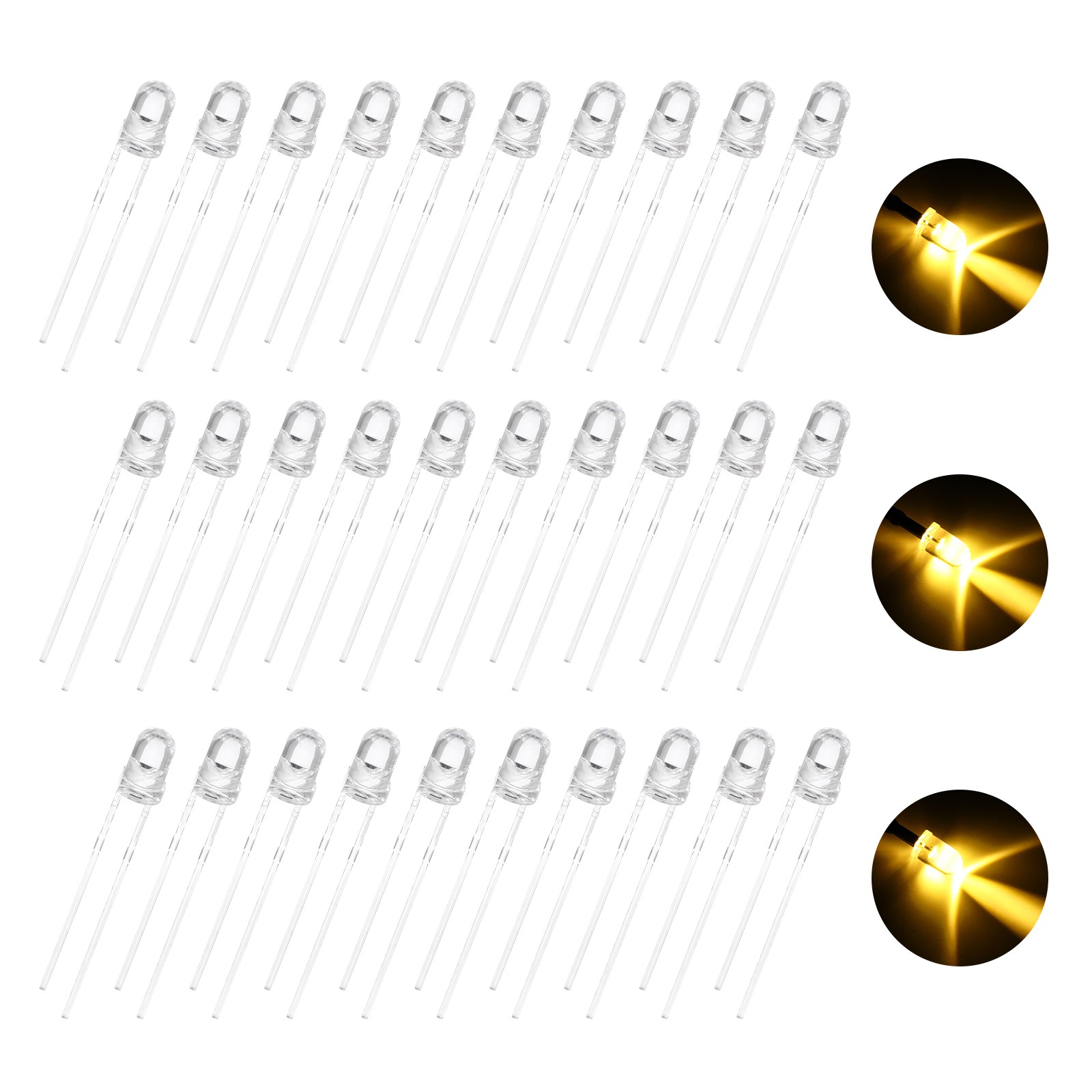 100pcs 3mm LED Diode Lights, Yellow Round Transparent DC 1.8-2.0V