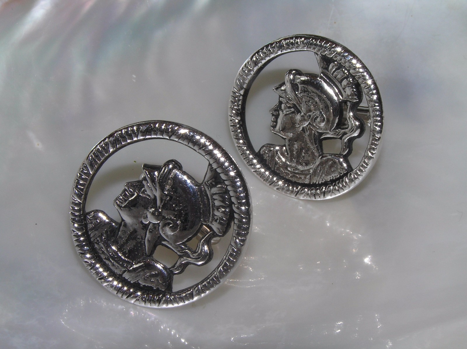 Vintage Swank Signed Pair of Cut-Out Silvertone Medieval Knight Round Cuff Links
