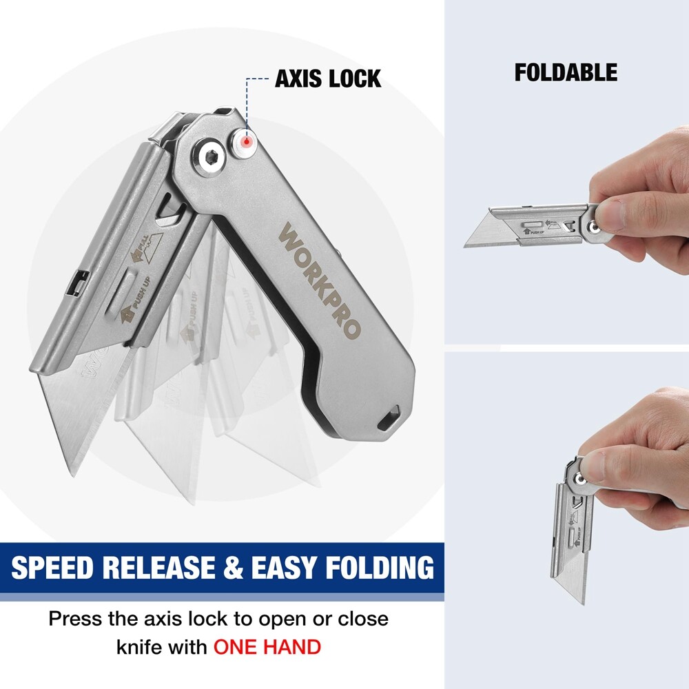 WORKPRO 2PC Folding Utility Knife Box Cutter Quick Change Razor Knife 10PC Blade