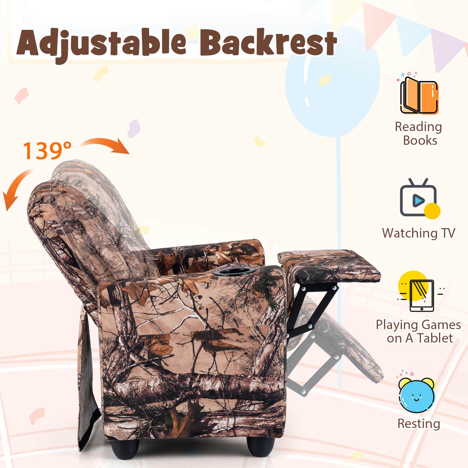 Kids Recliner with Cup Holder w/Adjustable Backrest & Footrest for Boys & Girls