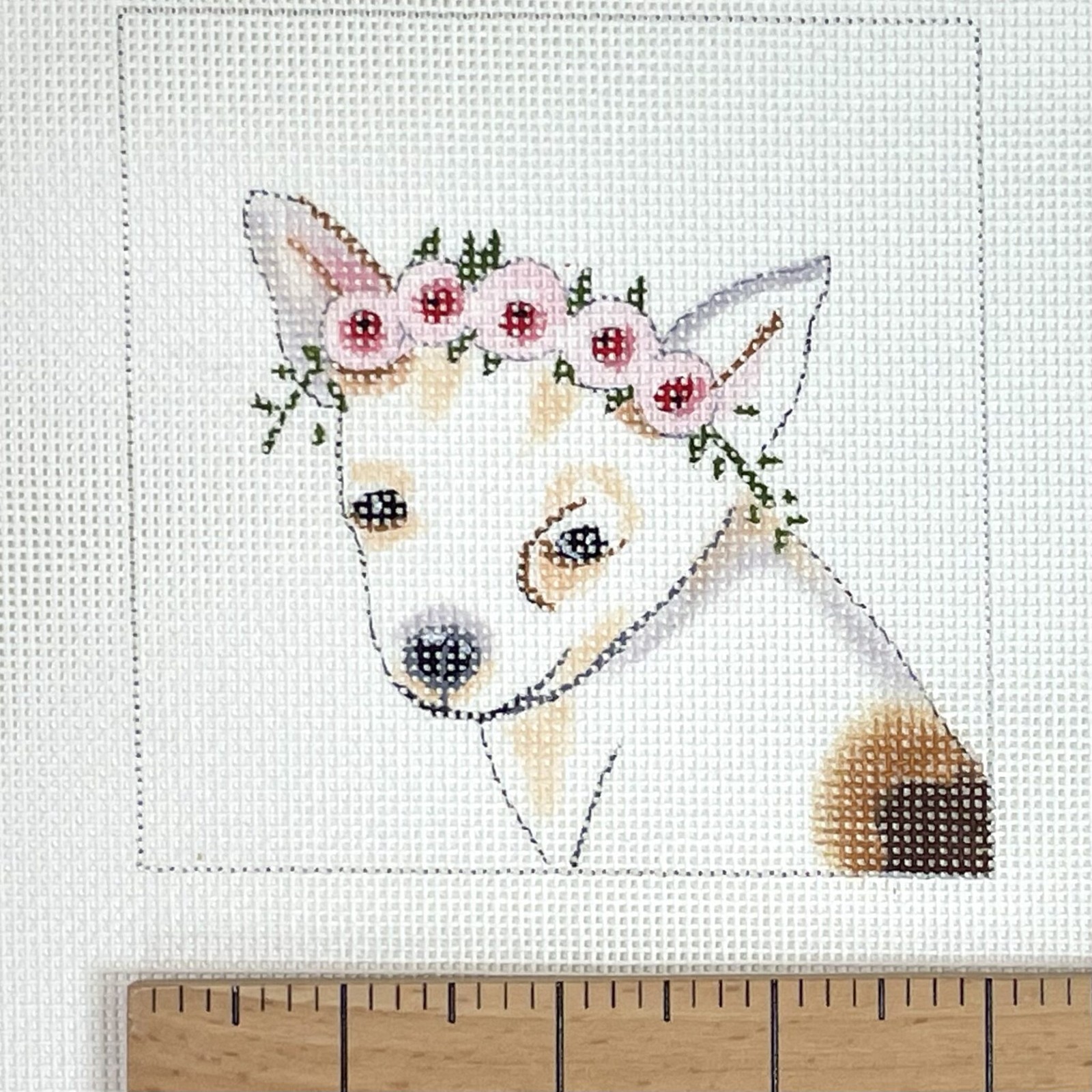 Colors of Praise hand painted needlepoint canvas 18ct 4x4 Chihuahua flower crown