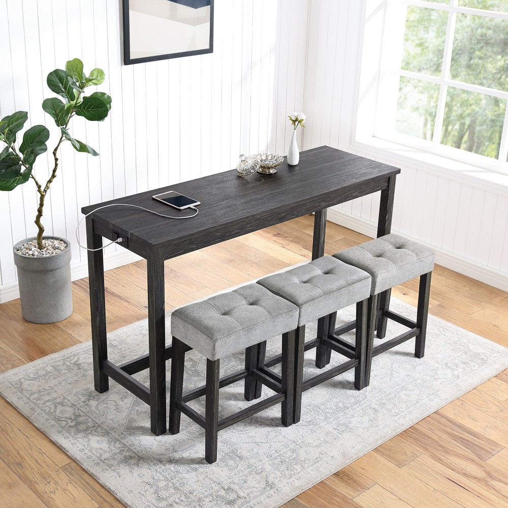 Bar Table Set with Power Outlet Bar Table and Chairs Set4 Piece Dining Table Set