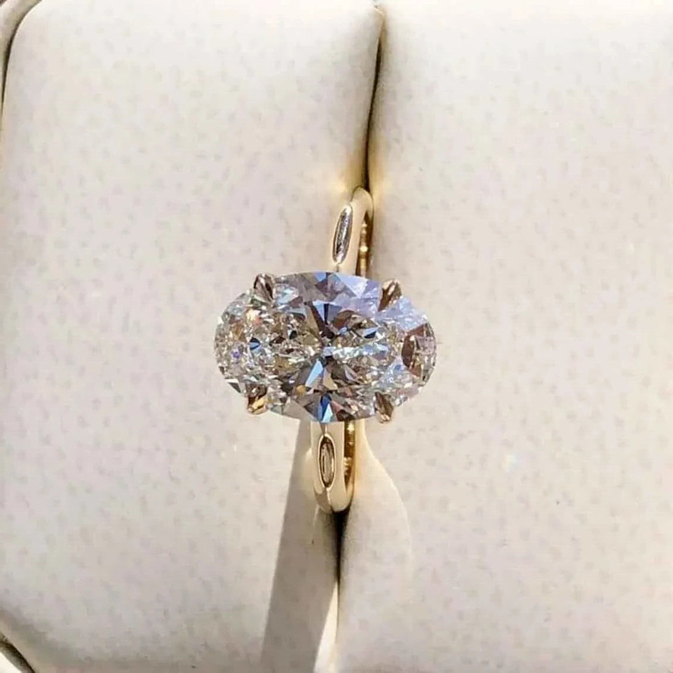 2 Ct Oval Cut Moissanite Hidden Halo Engagement Ring 14K Yellow Gold Plated