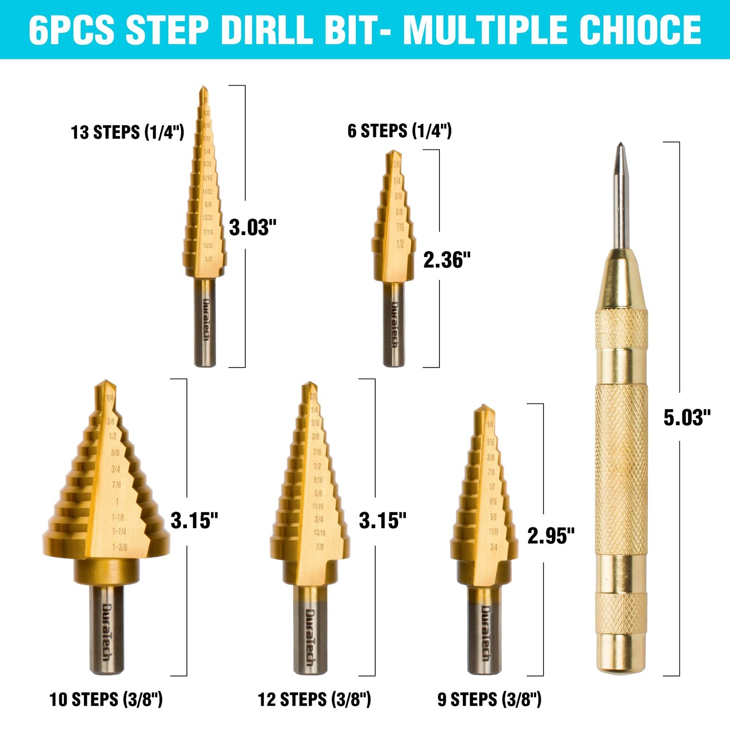 DURATECH 6PC Step Drill Bit Set Automatic Center Punch Titanium Coated Drill Bit