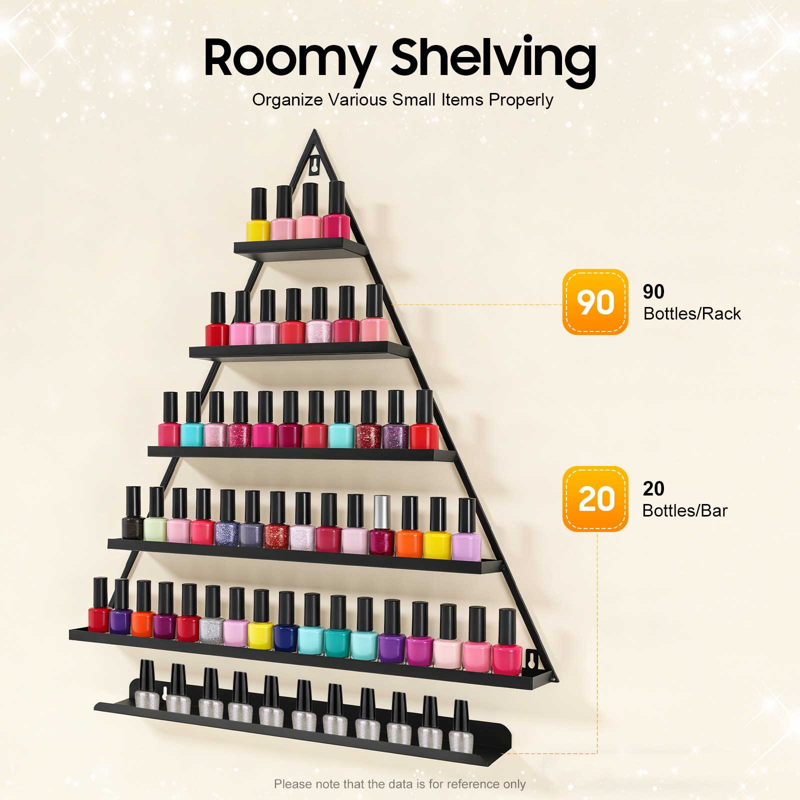 5 Tiers Metal Triangle Nail Polish Display Racks Black Wall-Mounting Shelf Kit