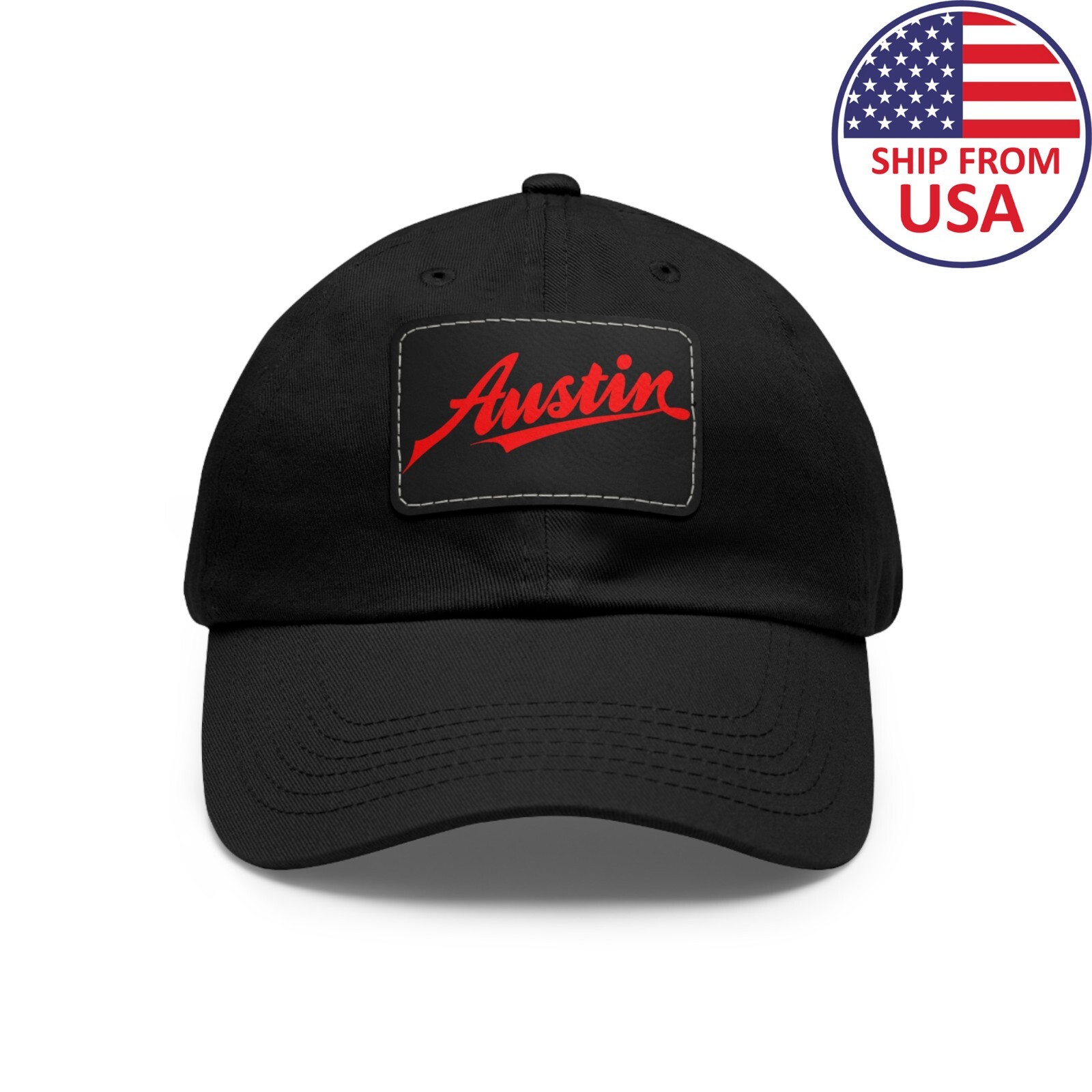 Austin Retro Classic Car Black Printed Adjustable Dad Hat with Leather Patch
