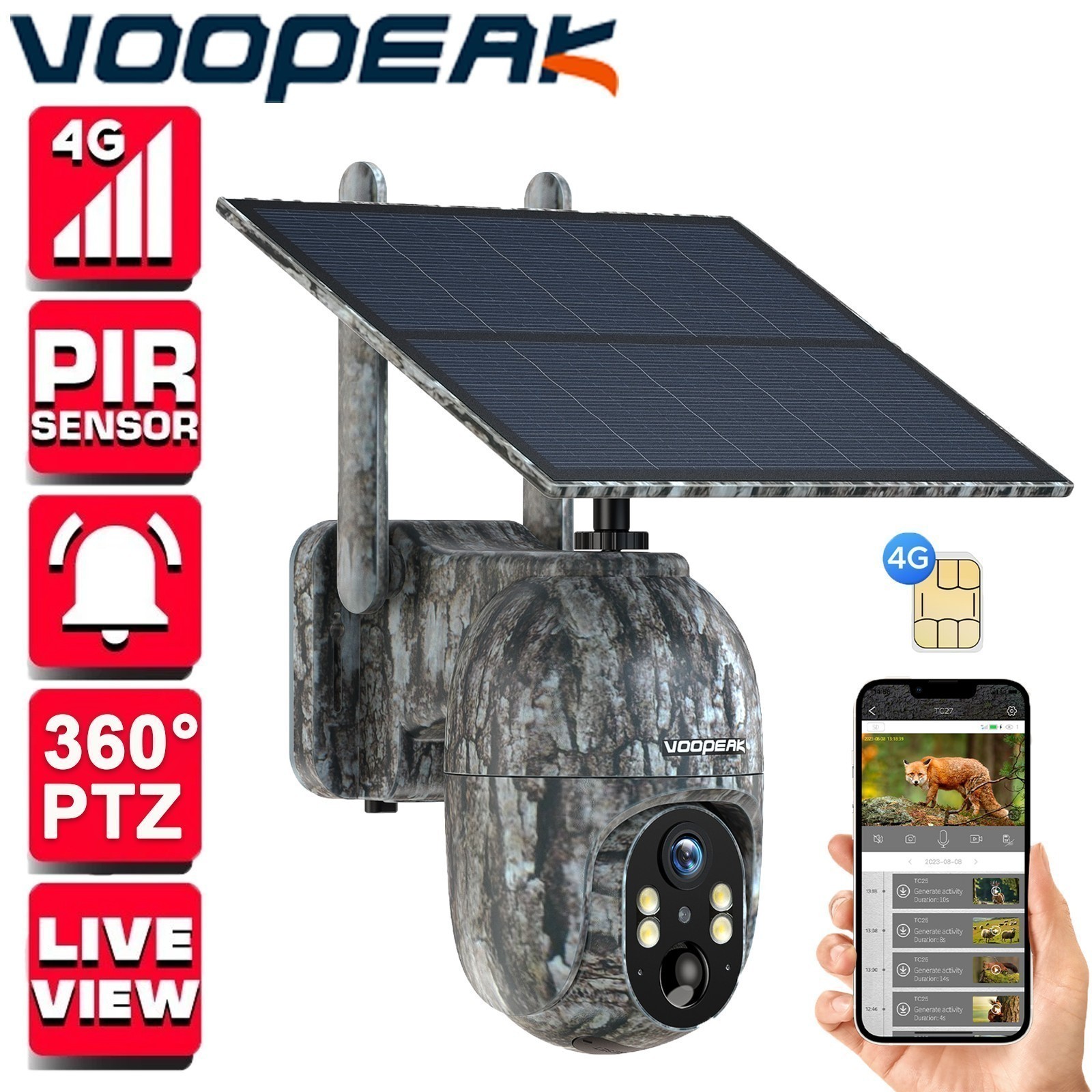 VOOPEAK 4G LTE Trail Cam - 24/7 Live Streaming, Solar Powered, SIM Included