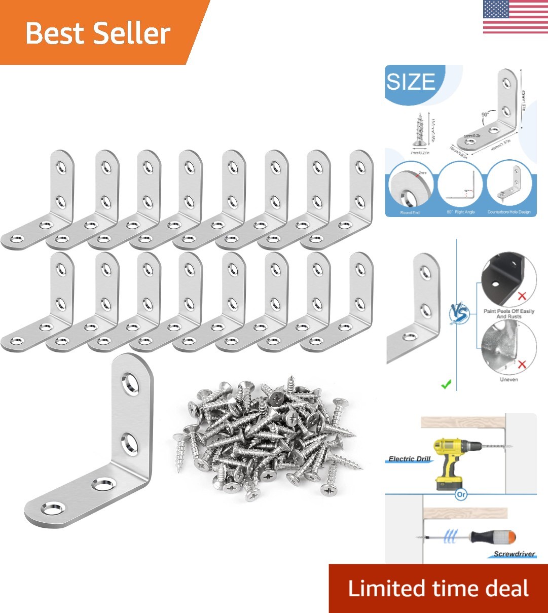 Stainless Steel Corner Brace Set - 16 L Brackets & 64 Screws for Home Projects