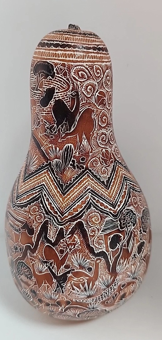 VTG Pablo Hurtado Hand Carved Gourd SIGNED  Folk Art Venezuela S. American VGC