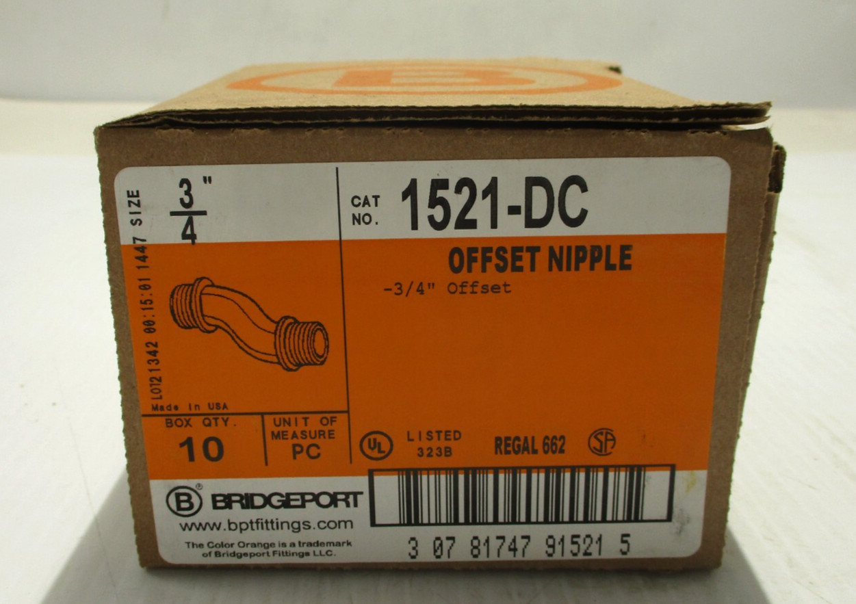 NEW BOX OF 10 BRIDGEPORT 1521-DC OFFSET NIPPLE SIZE 3/4" INCH