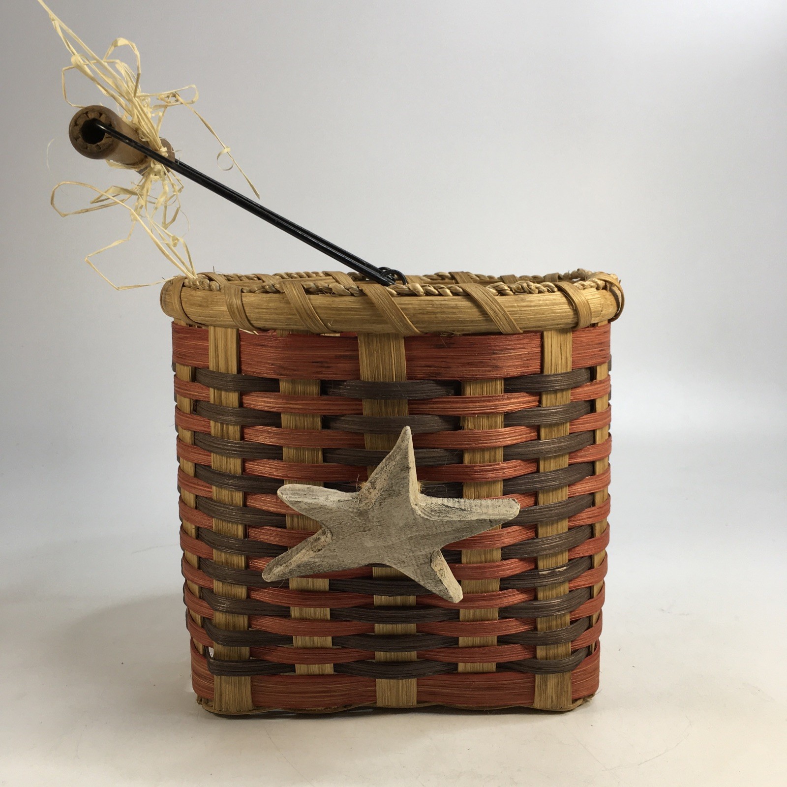Signed Handmade Basket Woven Wicker Tricolor Metal Wood Handle 7in Vintage